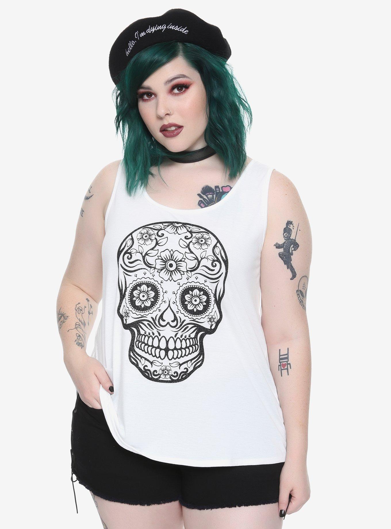 Ivory & Black Glitter Sugar Skull Lace Back Girls Tank Top Plus Size, WHITE, hi-res