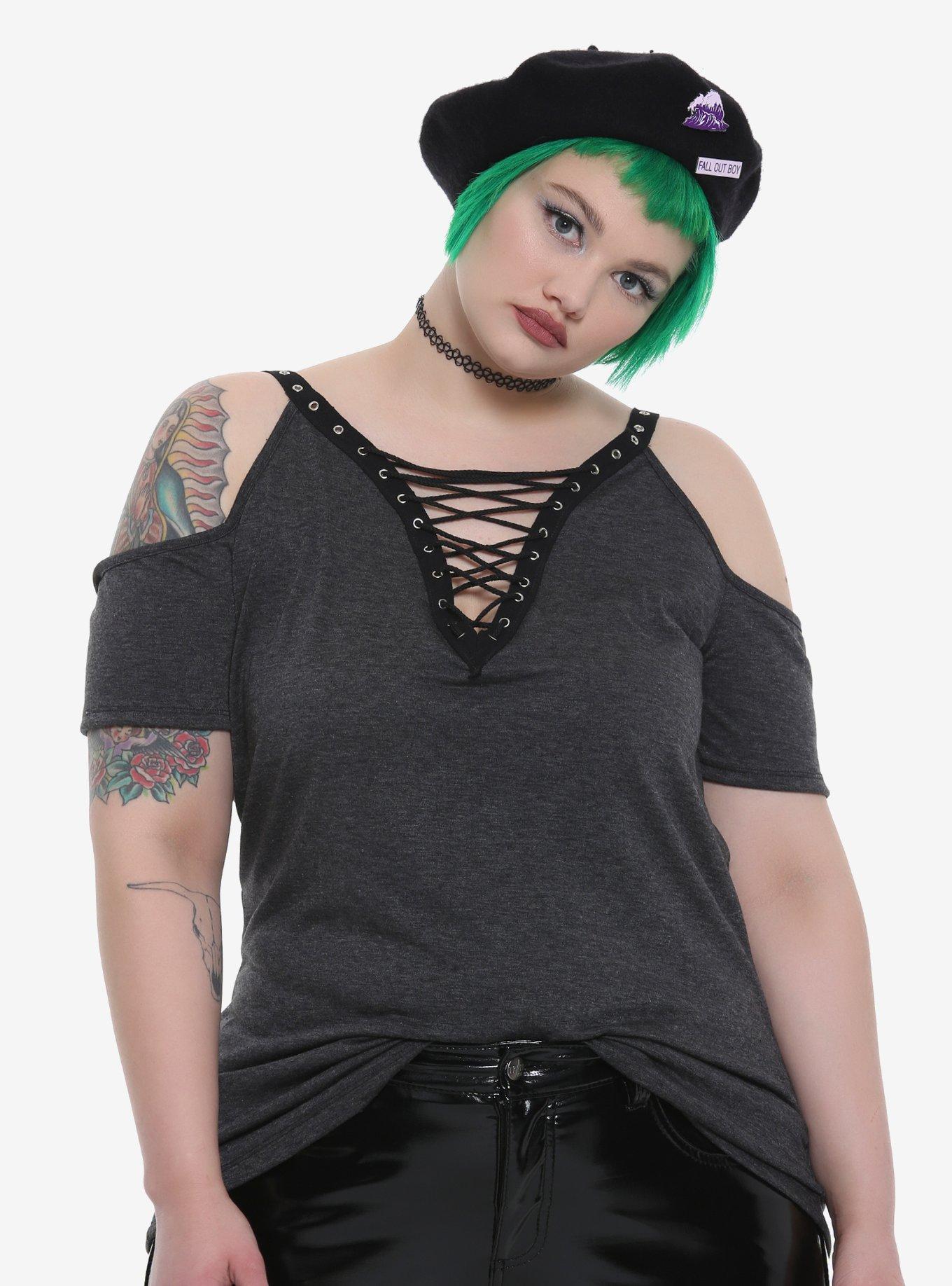 Grey Lace-Up Grommet Deep V-Neck Cold Shoulder Girls Top Plus Size, GREY, hi-res