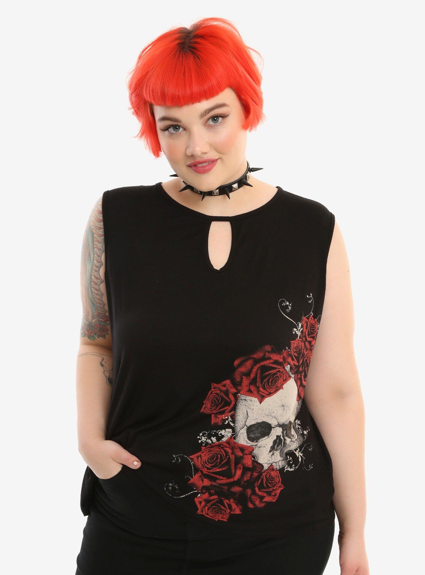 Skull & Roses Keyhole Neckline Lace-Up Back Girls Top Plus Size, BLACK, hi-res