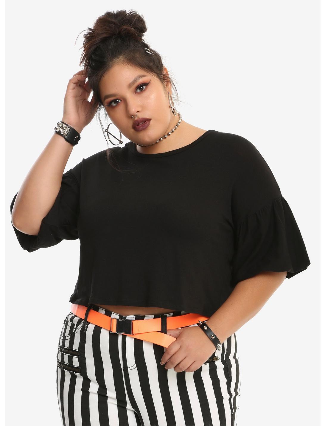 Black Flounce Sleeve Girls Crop Top Plus Size, BLACK, hi-res
