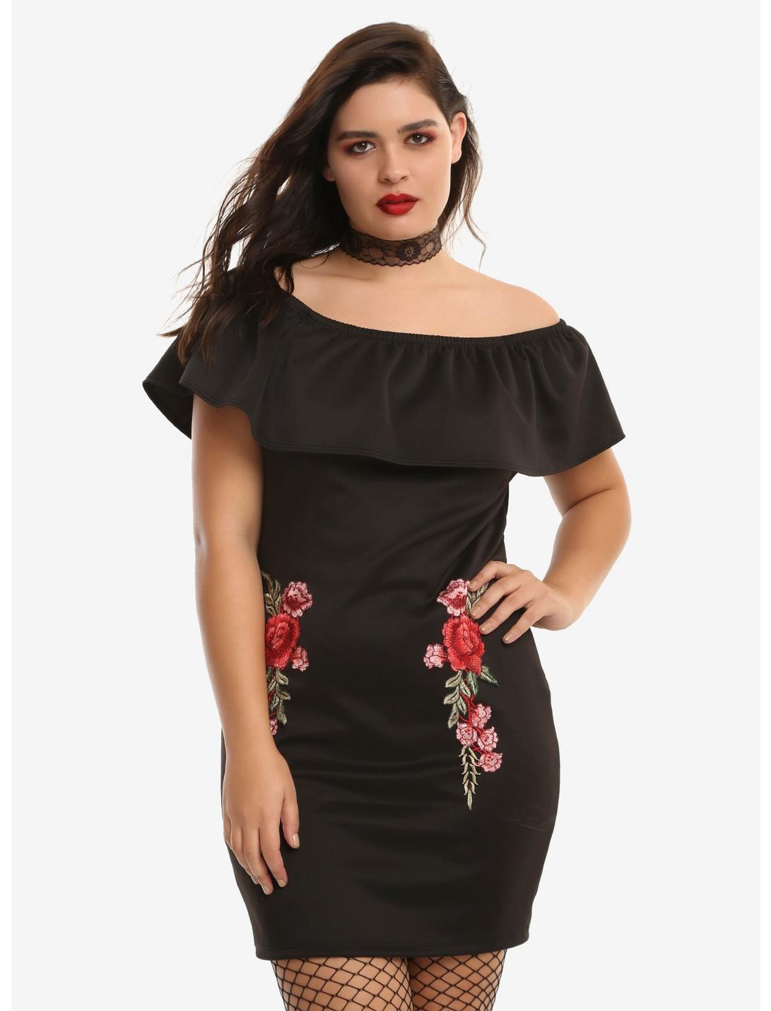 Embroidered Roses Off-The-Shoulder Flounce Dress Plus Size, BLACK, hi-res