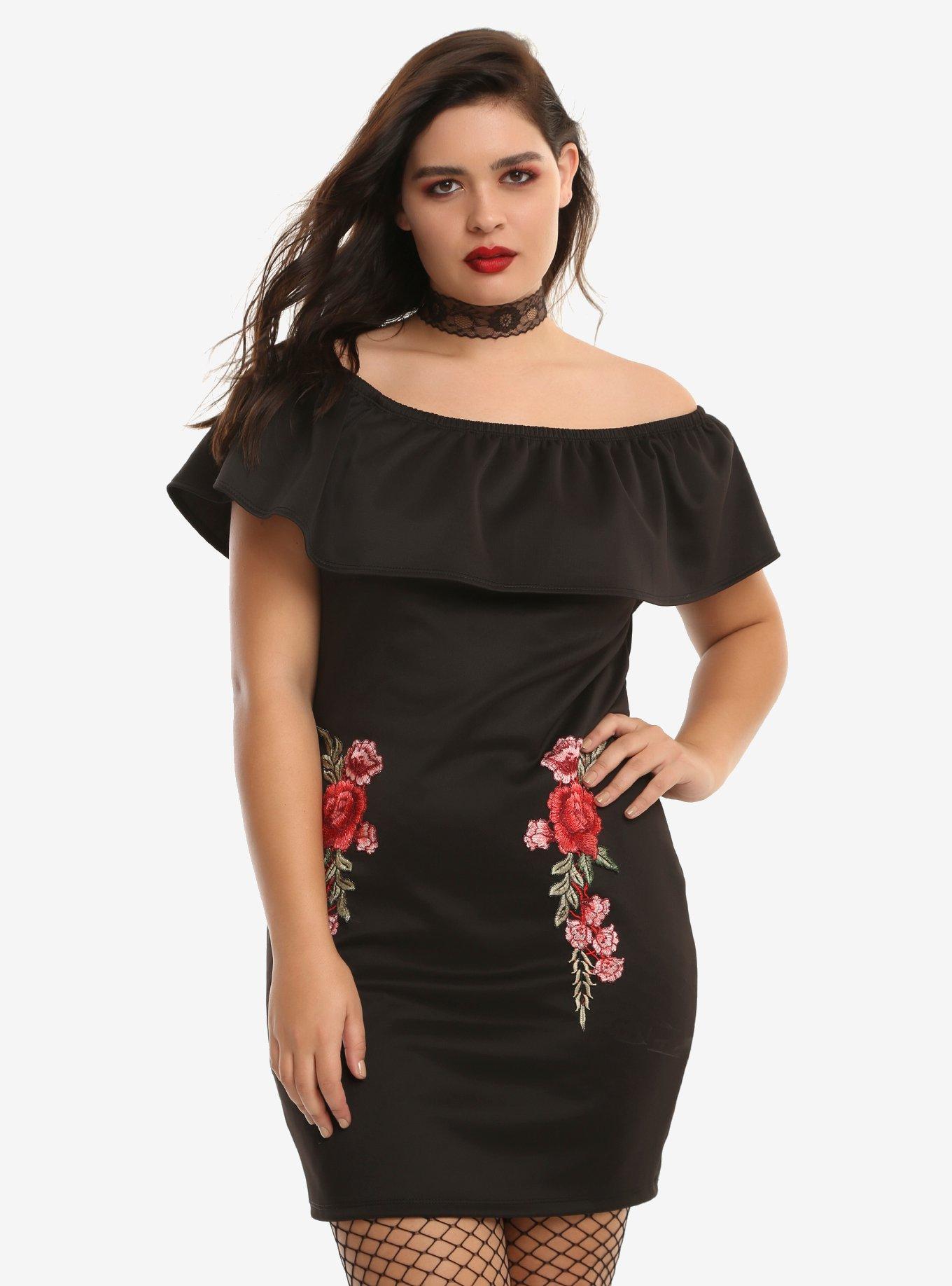 Embroidered Roses Off-The-Shoulder Flounce Dress Plus Size, BLACK, hi-res