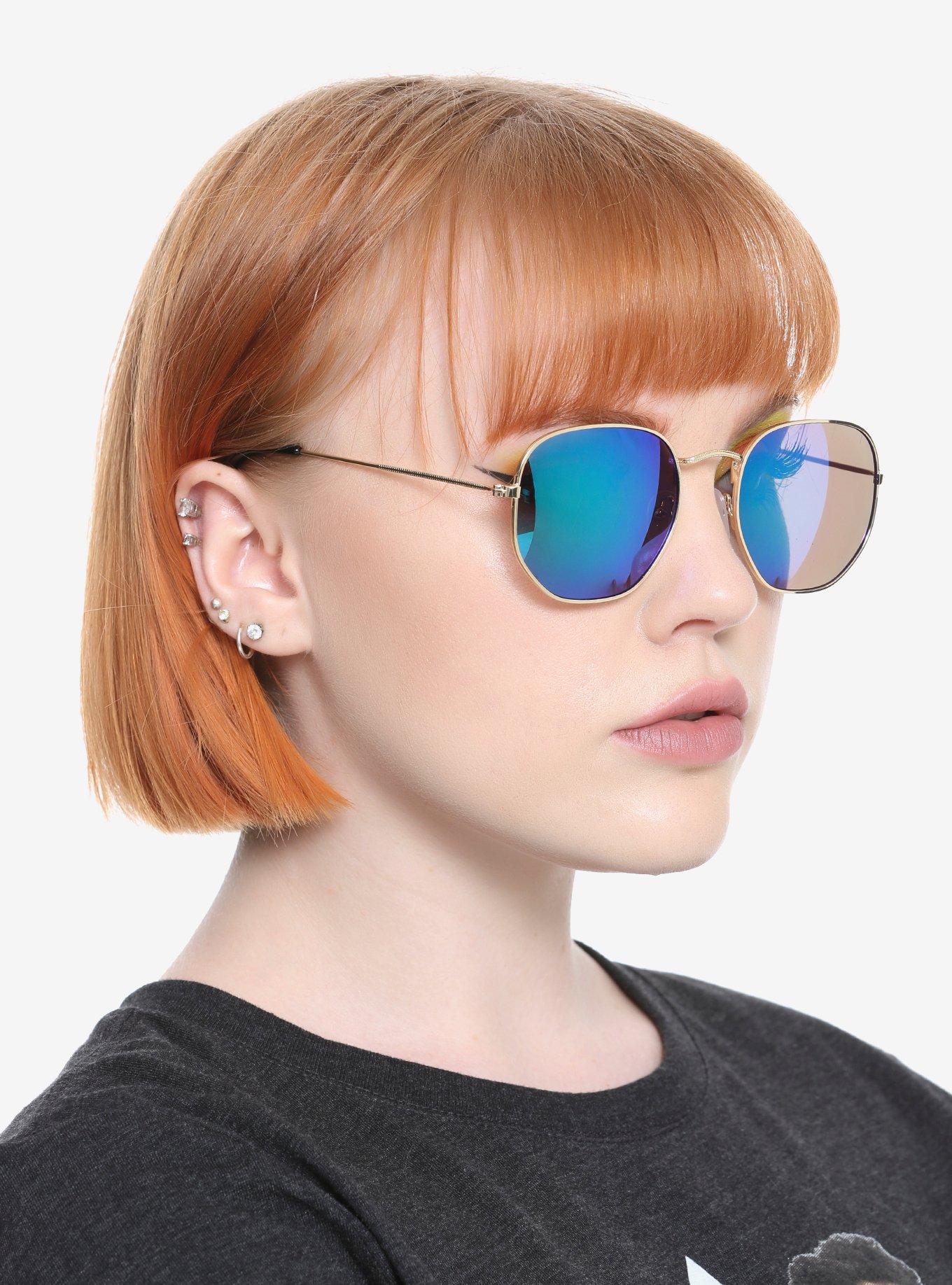 Green Mirror Lens Gold Wire Round Sunglasses, , hi-res