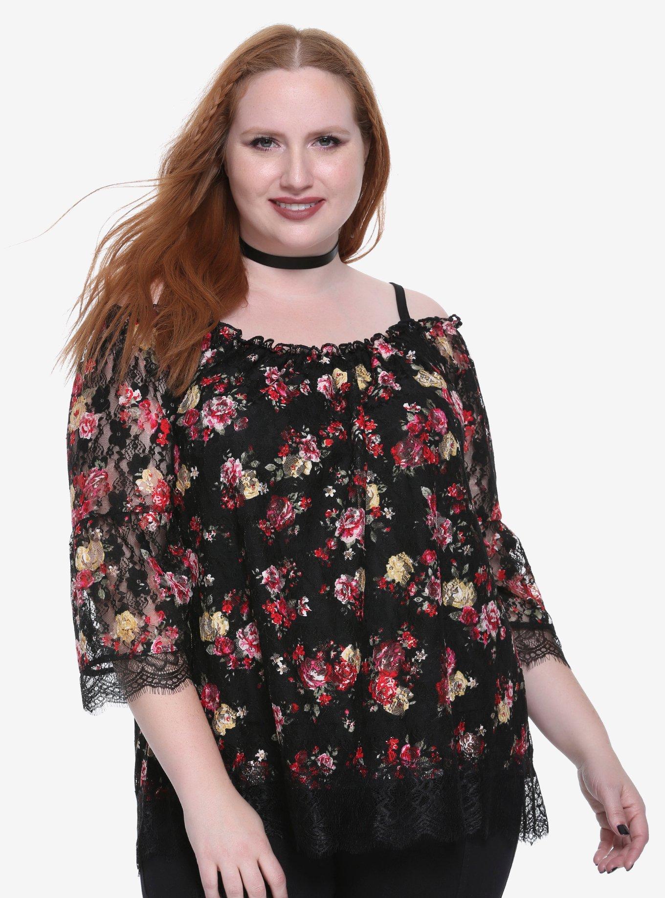 Floral Lace Cold Shoulder Peasant Top Plus Size, BLACK, hi-res