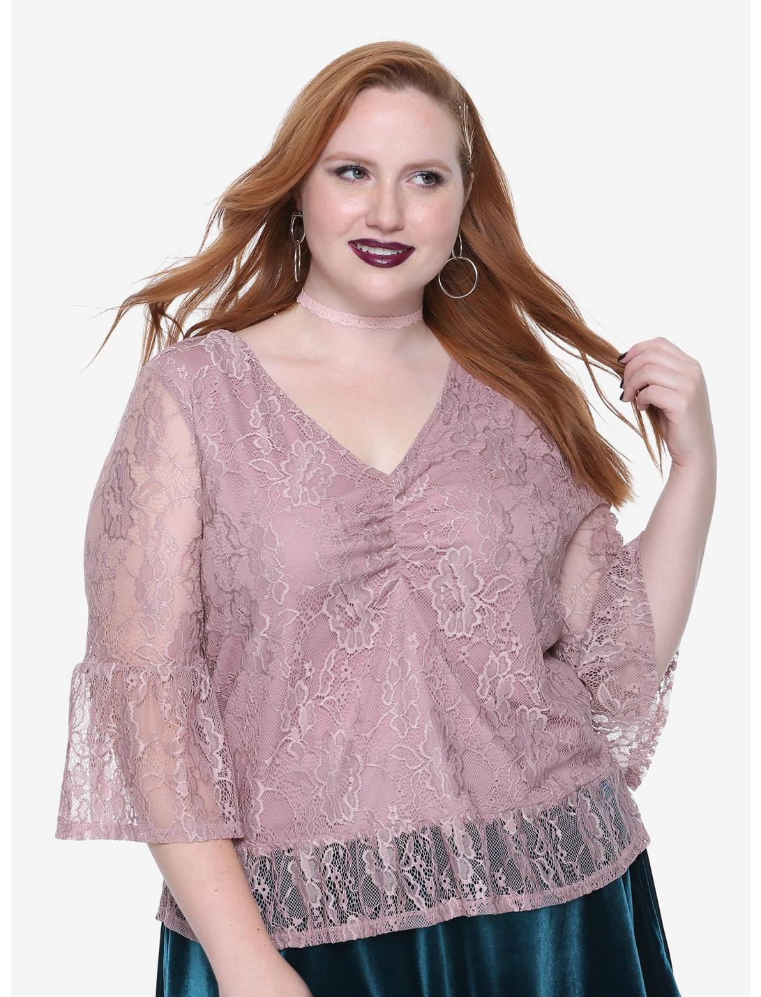 Blush Lace V-Neck Bell Sleeve Girls Top Plus Size, PURPLE, hi-res