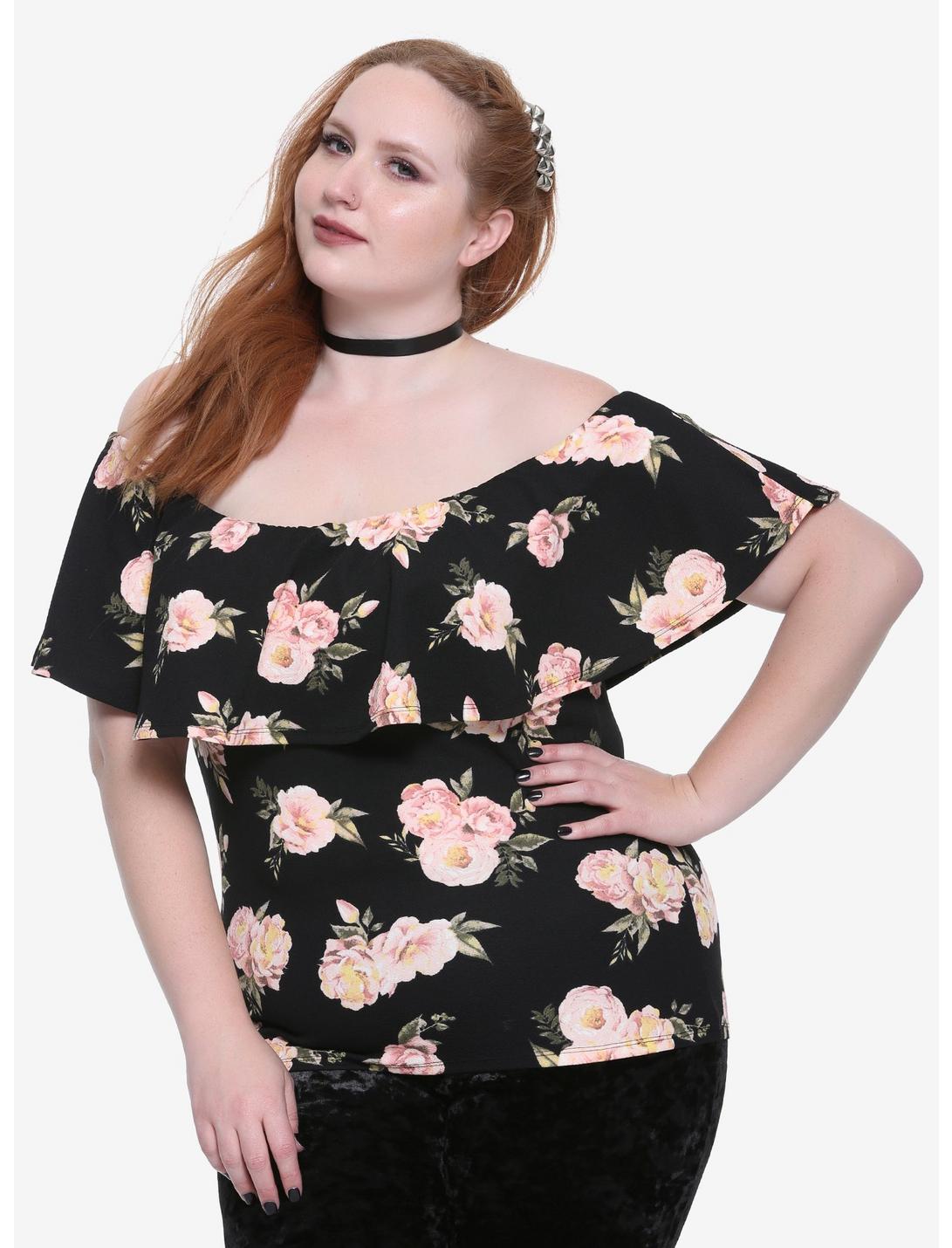 Black Floral Ruffle Off-The-Shoulder Girls Top Plus Size, BLACK, hi-res