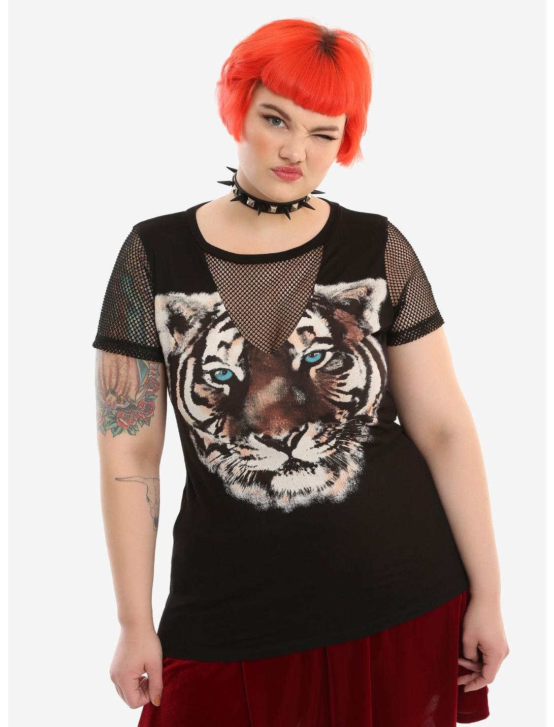 Black Fishnet Inset Tiger Girls T-Shirt Plus Size, BLACK, hi-res