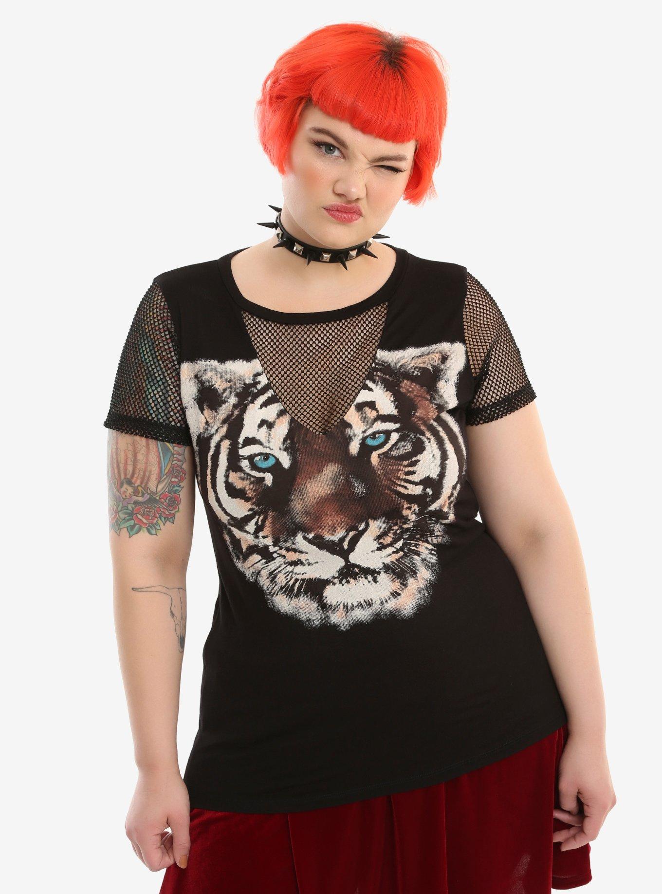 Black Fishnet Inset Tiger Girls T-Shirt Plus Size, BLACK, hi-res