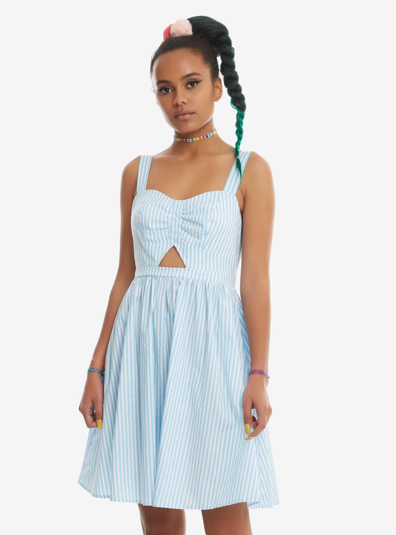 Blue & White Striped Cut-Out Fit & Flare Dress, BLUE, hi-res