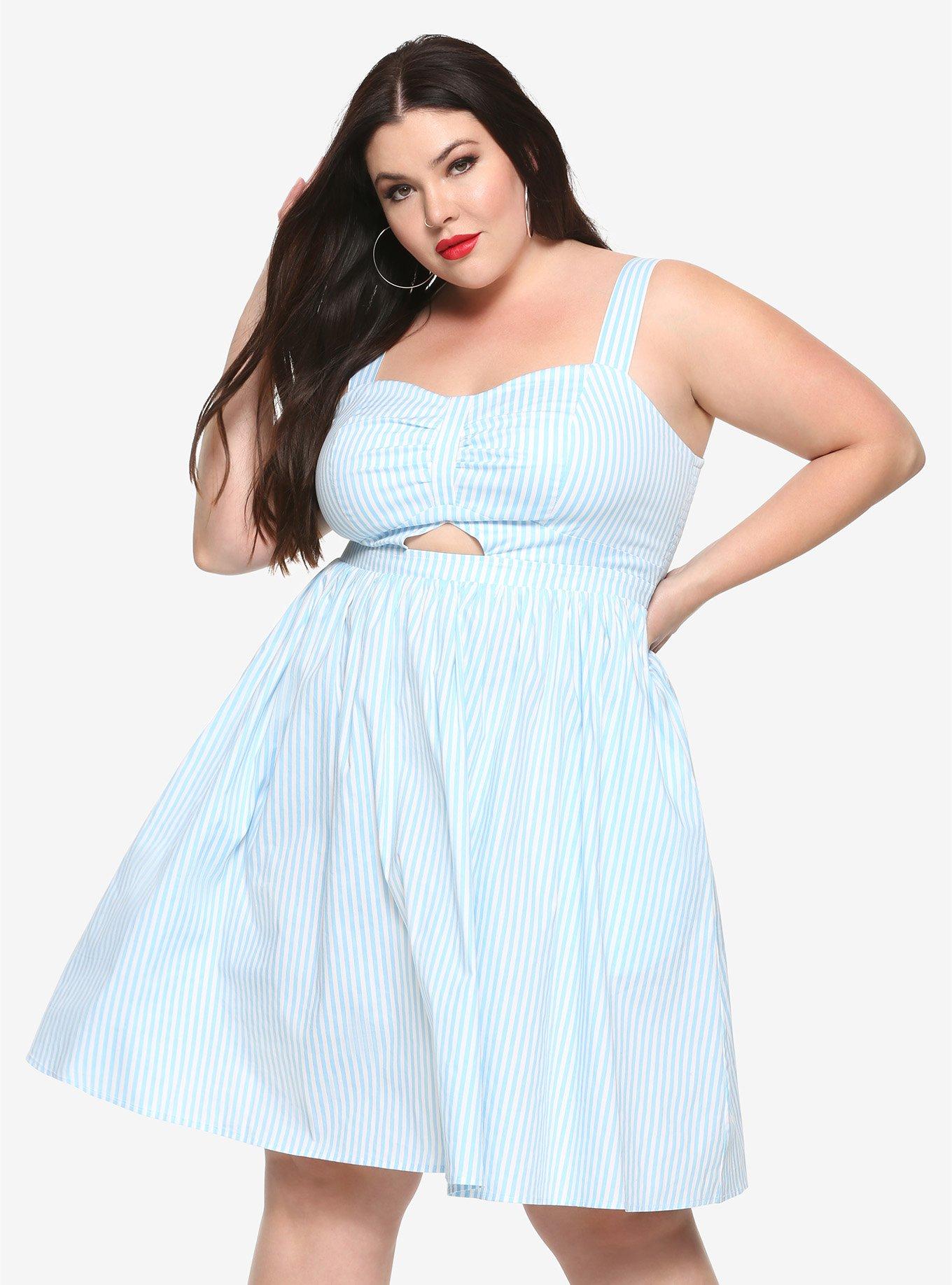 Blue & White Striped Cutout Fit & Flare Dress Plus Size, BLUE, hi-res