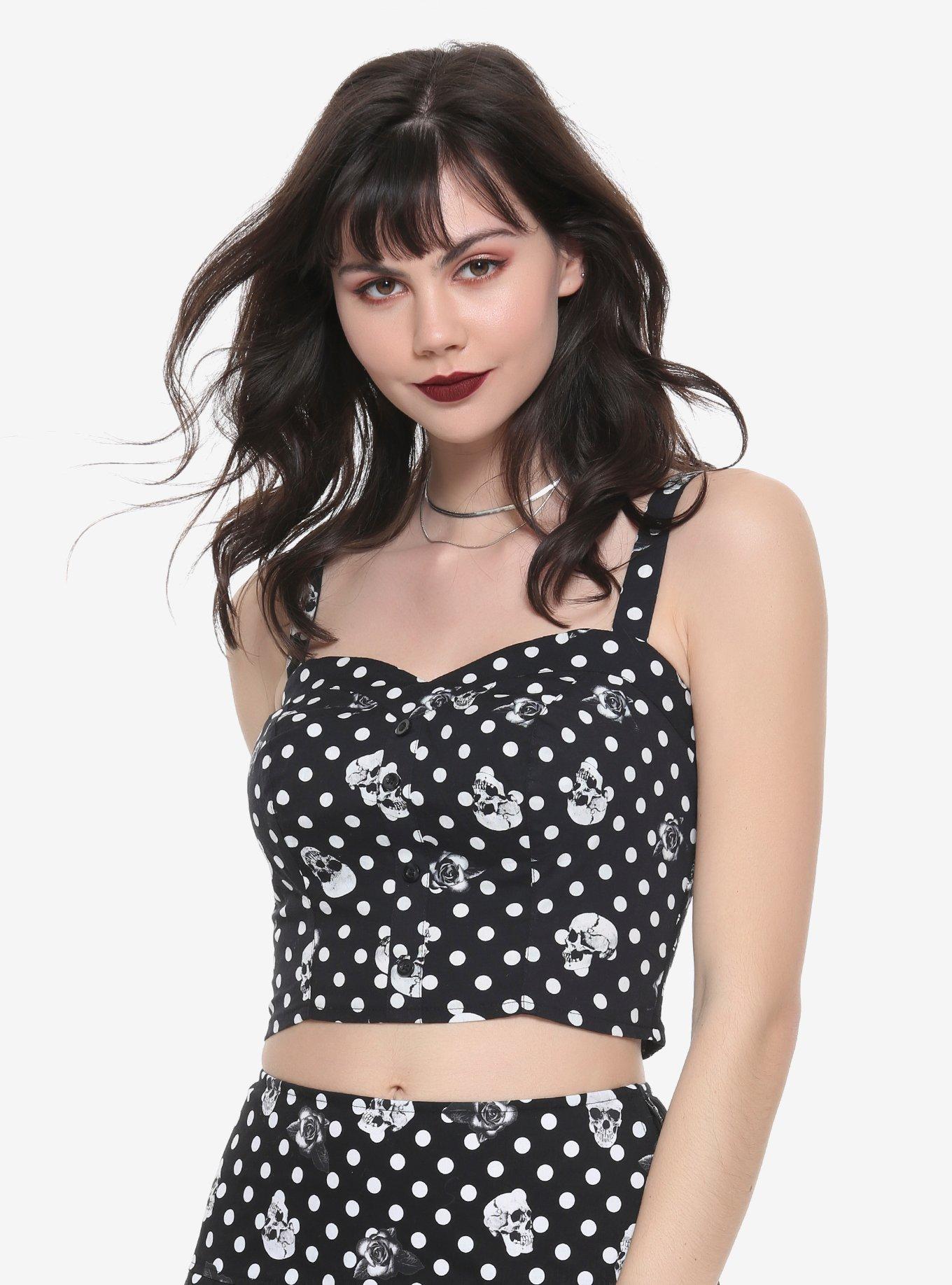 Black & White Polka Dot Skull & Rose Girls Crop Tank Top, BLACK, hi-res