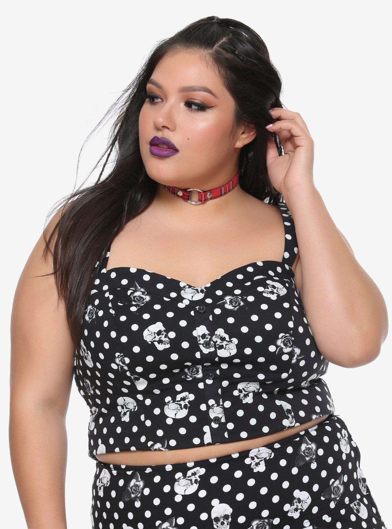 Black & White Polka Dot Skull & Rose Girls Crop Tank Top Plus Size, BLACK, hi-res