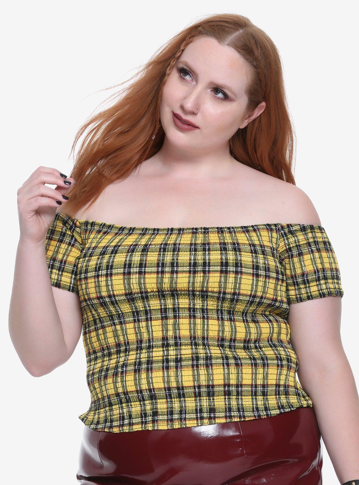 Yellow Plaid Smocked Top Plus Size, MULTI, hi-res