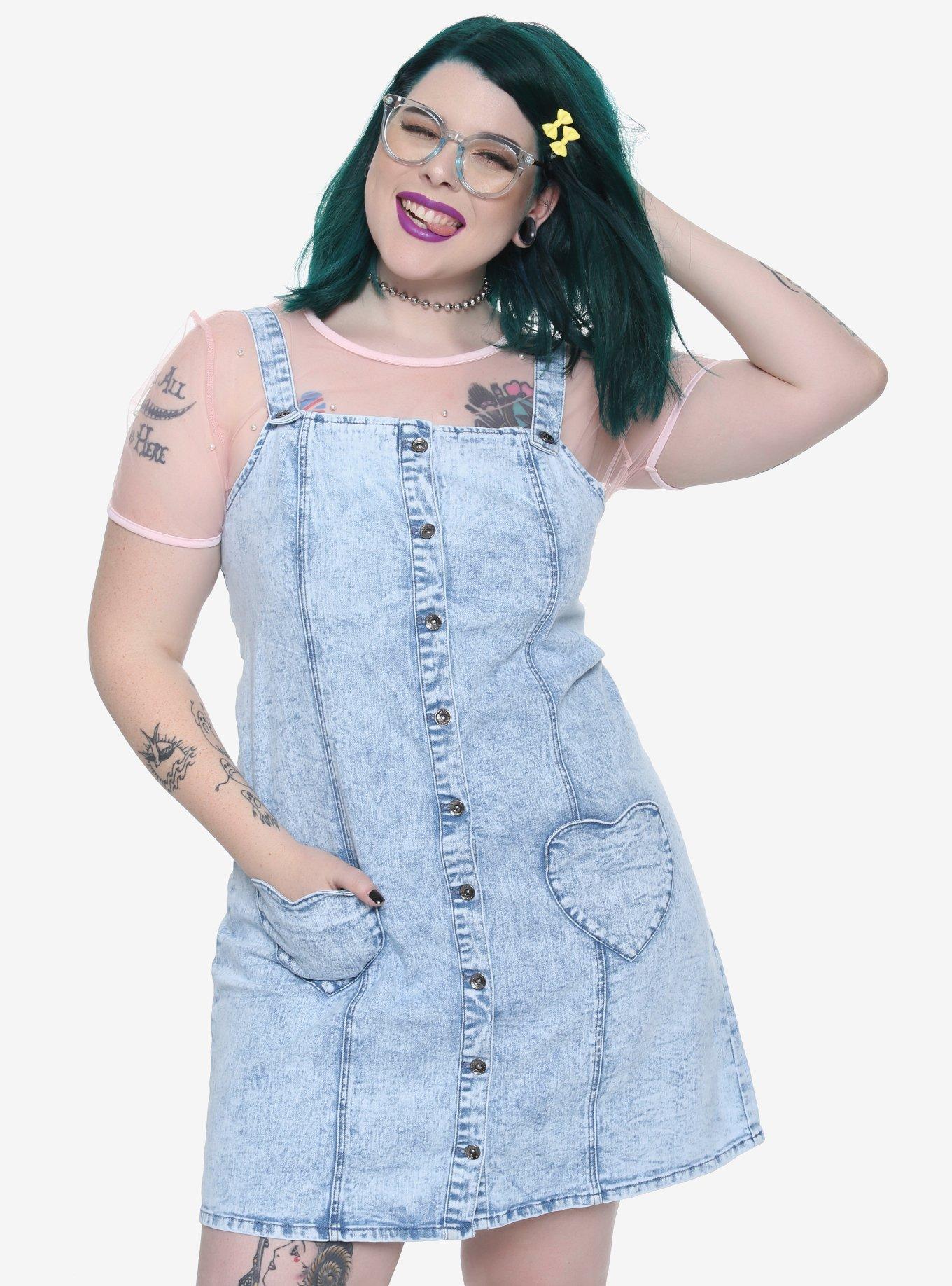 Blackheart Heart Pocket Acid Wash Overall Dress Plus Size, BLUE, hi-res