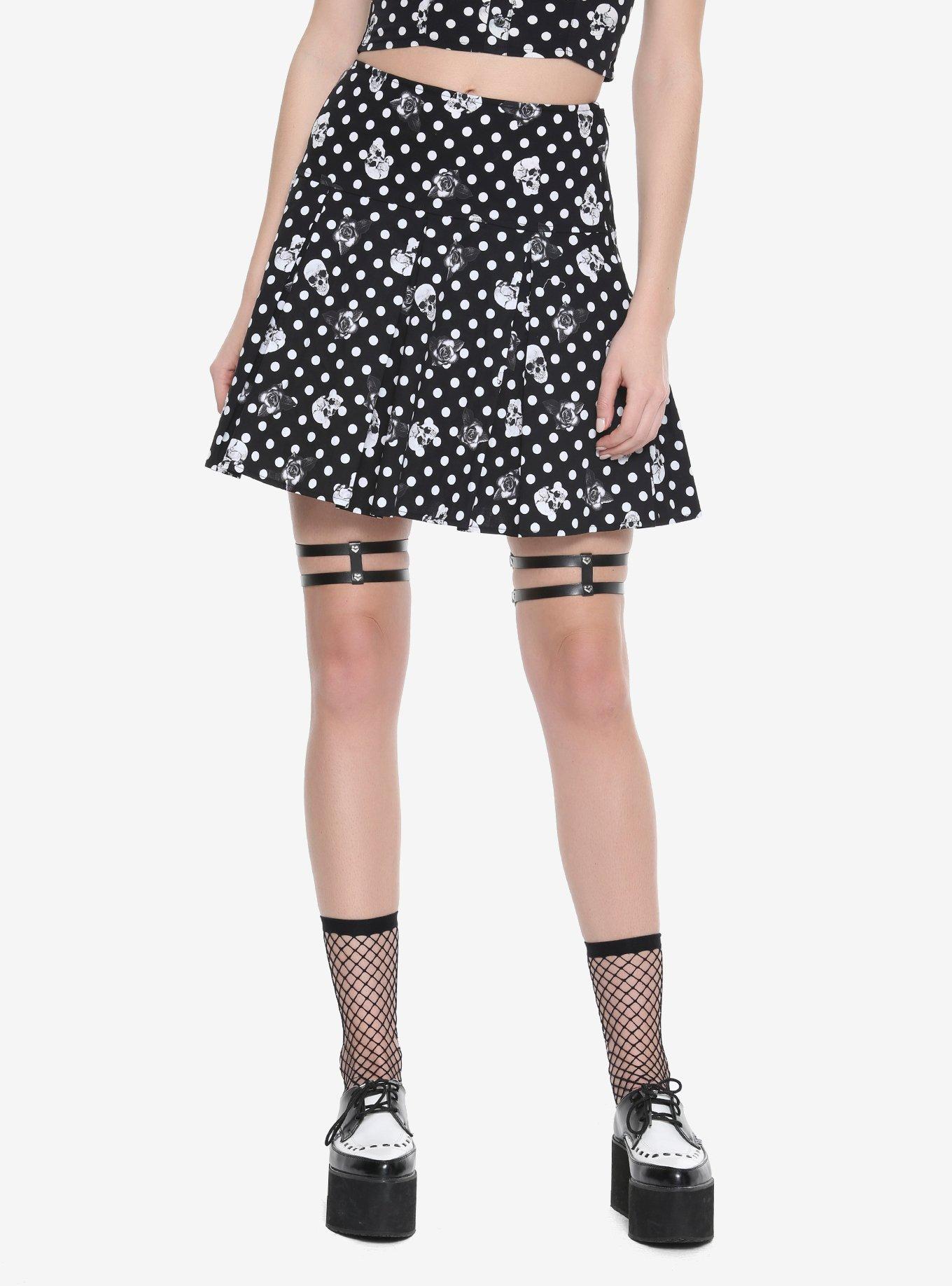 Black & White Polka Dot Skull & Rose Skirt, BLACK, hi-res