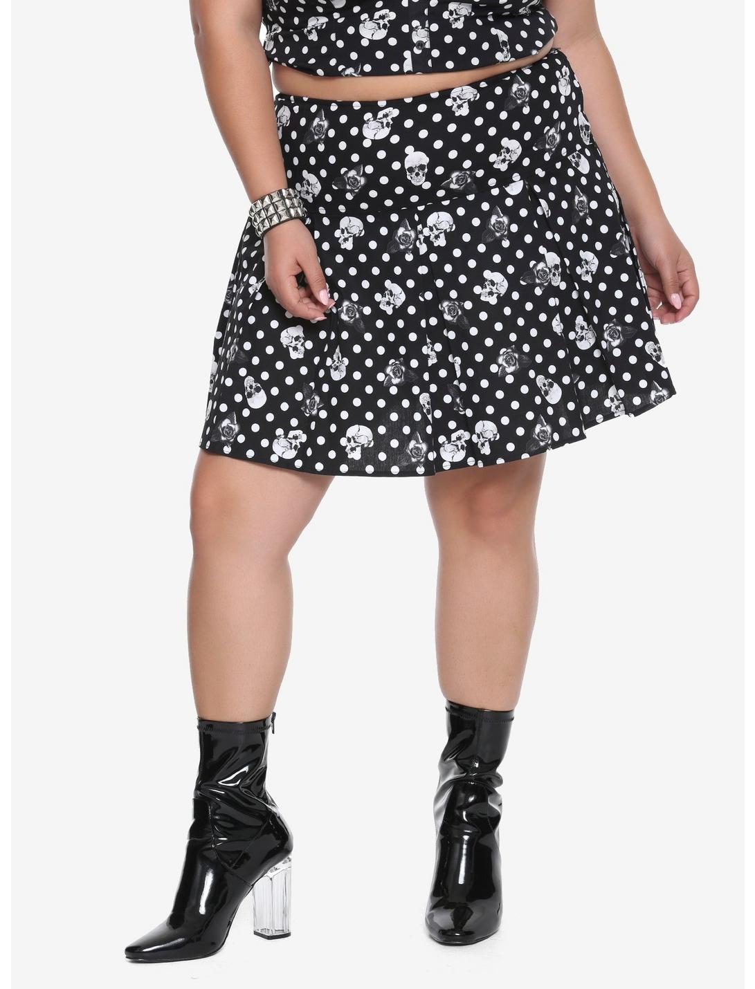 Black & White Polka Dot Skull & Rose Skirt Plus Size, BLACK, hi-res