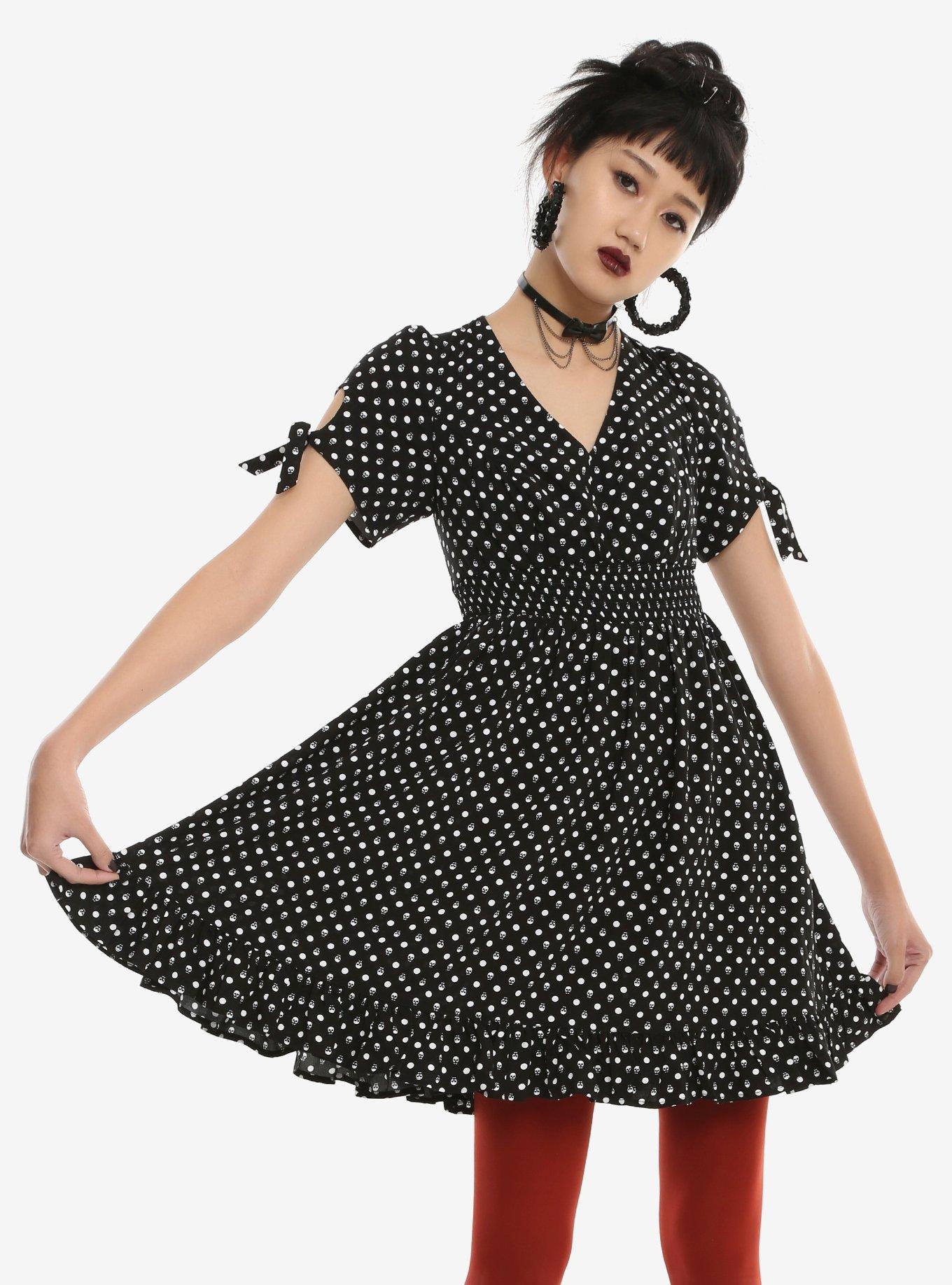 Skull Dot Ruffle Hem Dress, BLACK, hi-res