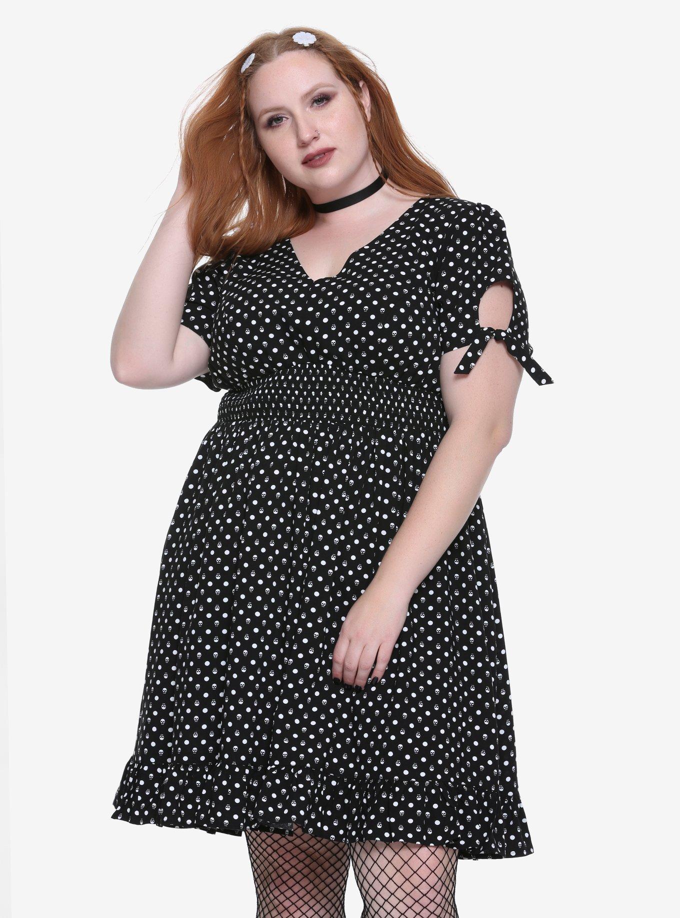 Skull Dot Ruffle Hem Dress Plus Size, BLACK, hi-res