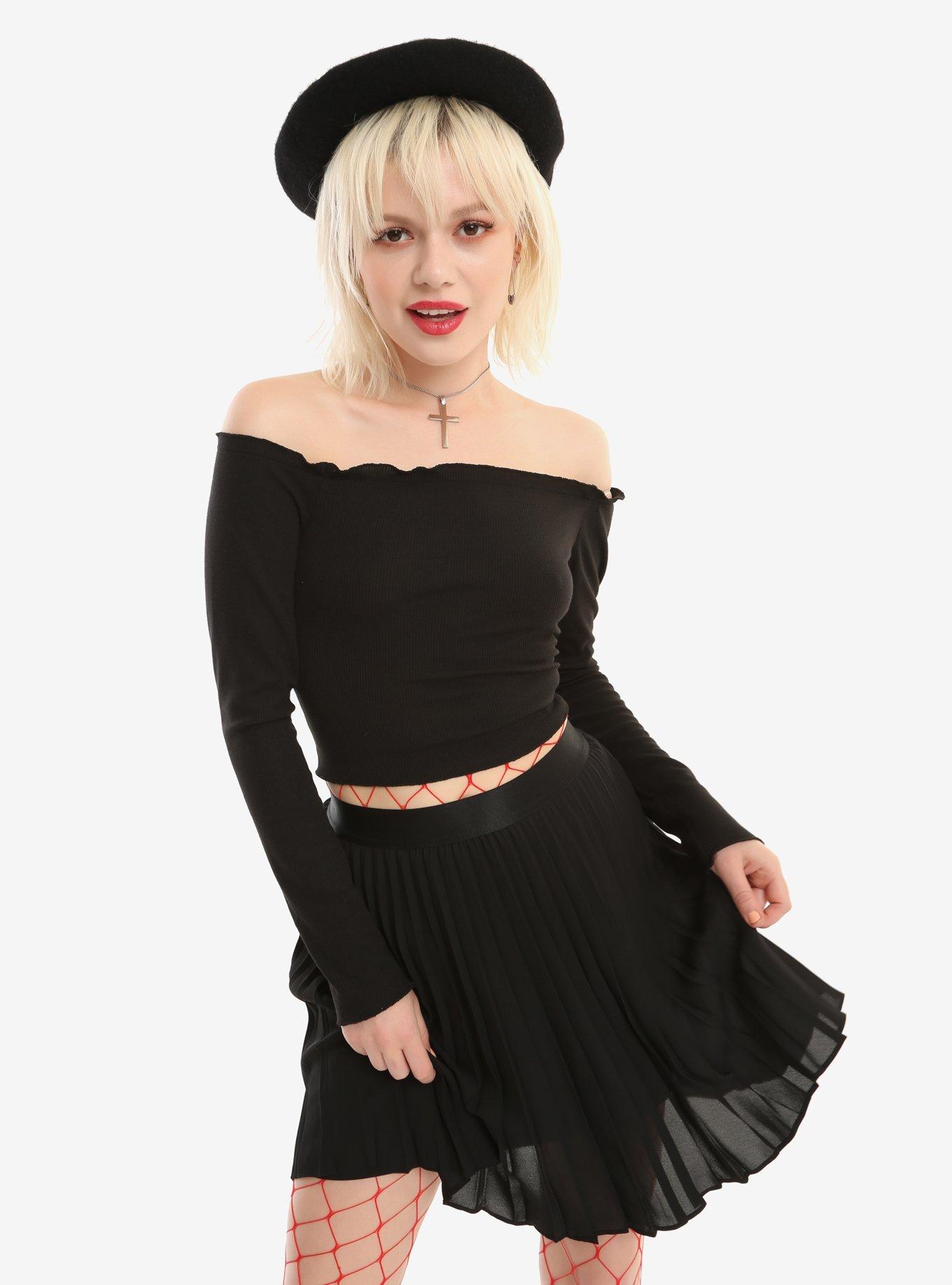 Black Ribbed Off-The-Shoulder Long-Sleeved Girls Top | Hot Topic
