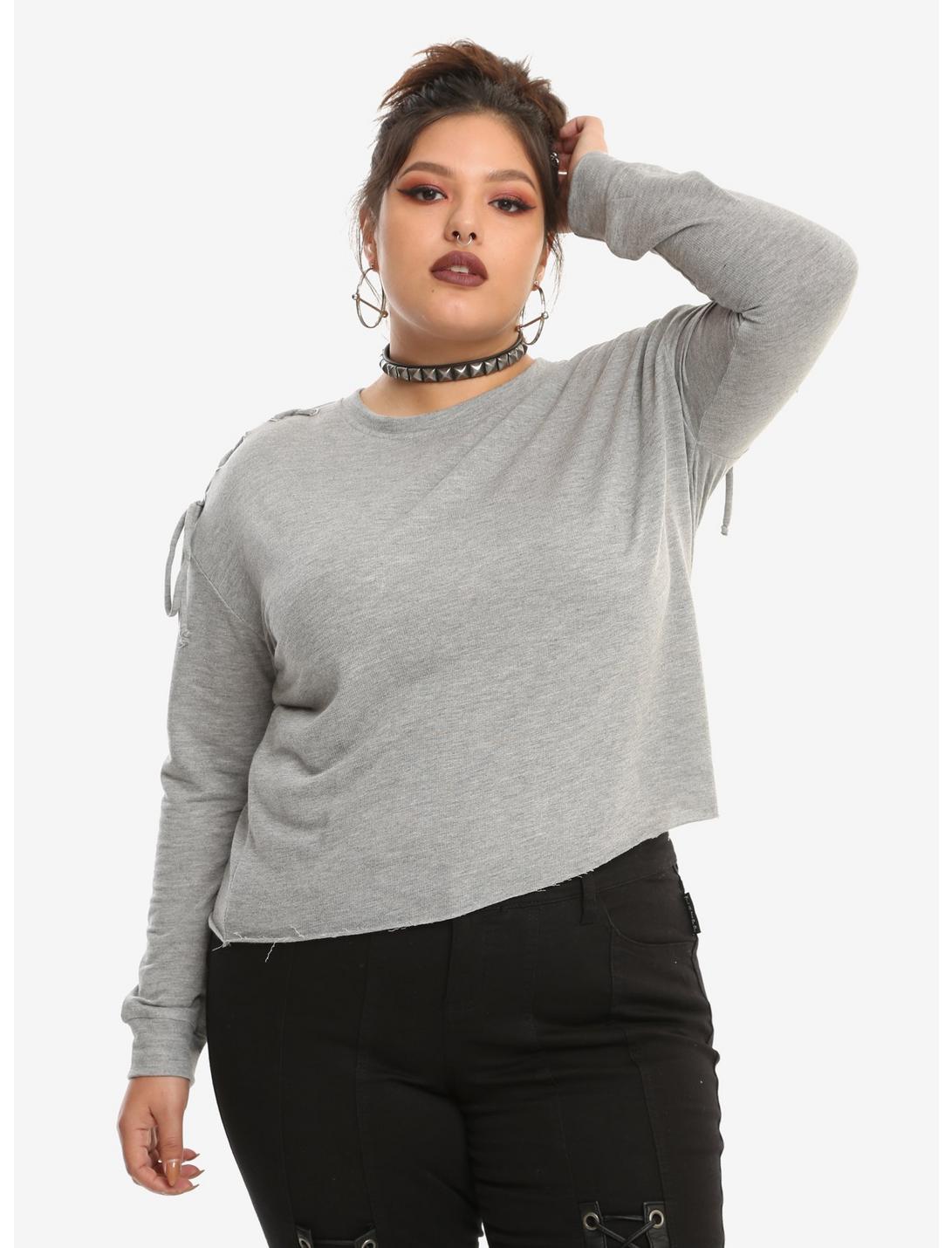Heather Grey Tie Shoulder Girls Crop Sweatshirt Plus Size, GREY, hi-res