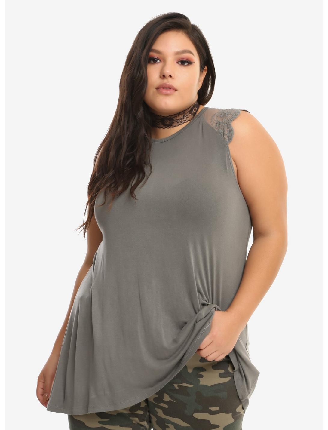 Grey Lace Sleeve Girls Tank Top Plus Size, GREY, hi-res