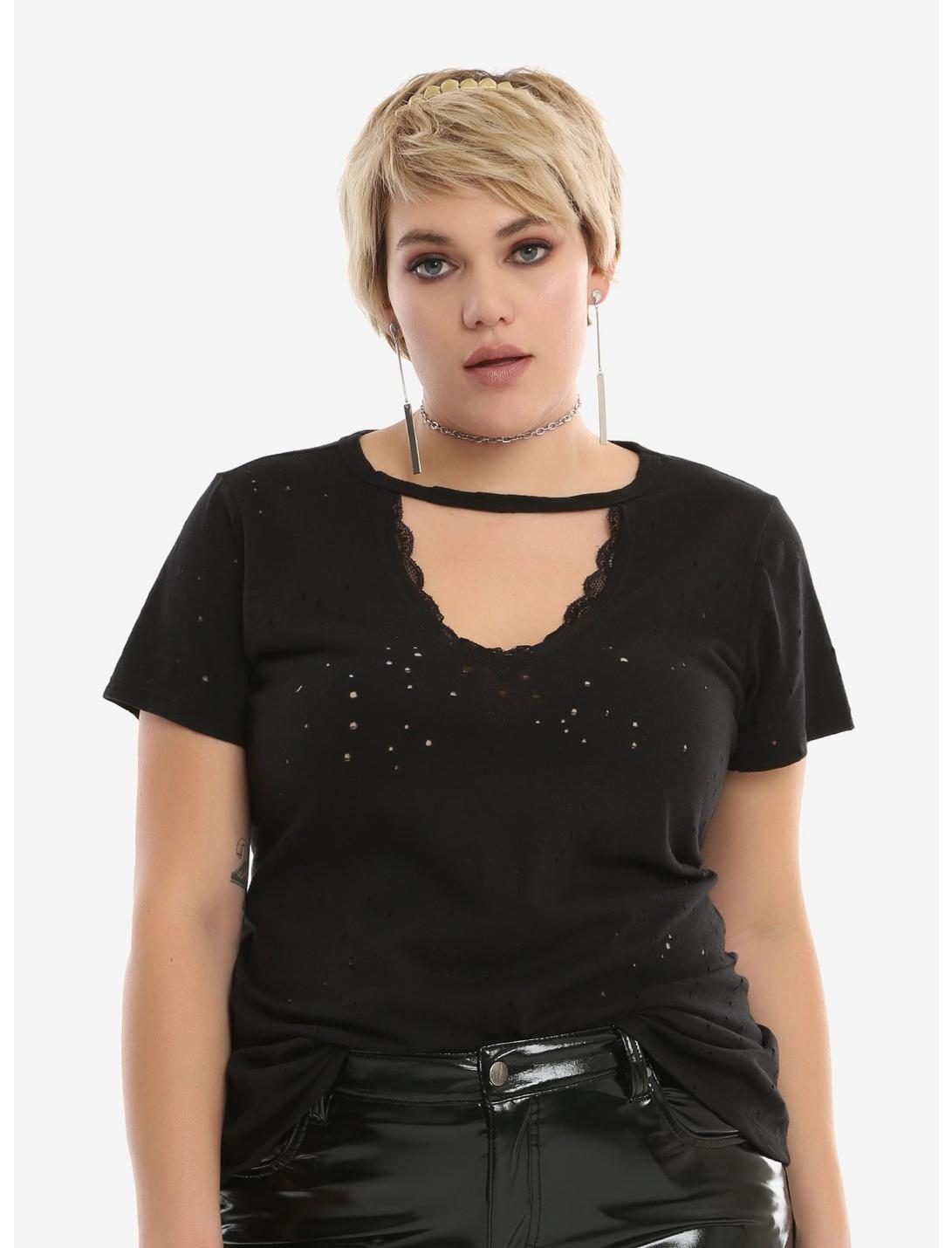 Black Lace V-Neck Destructed Girls T-Shirt, BLACK, hi-res