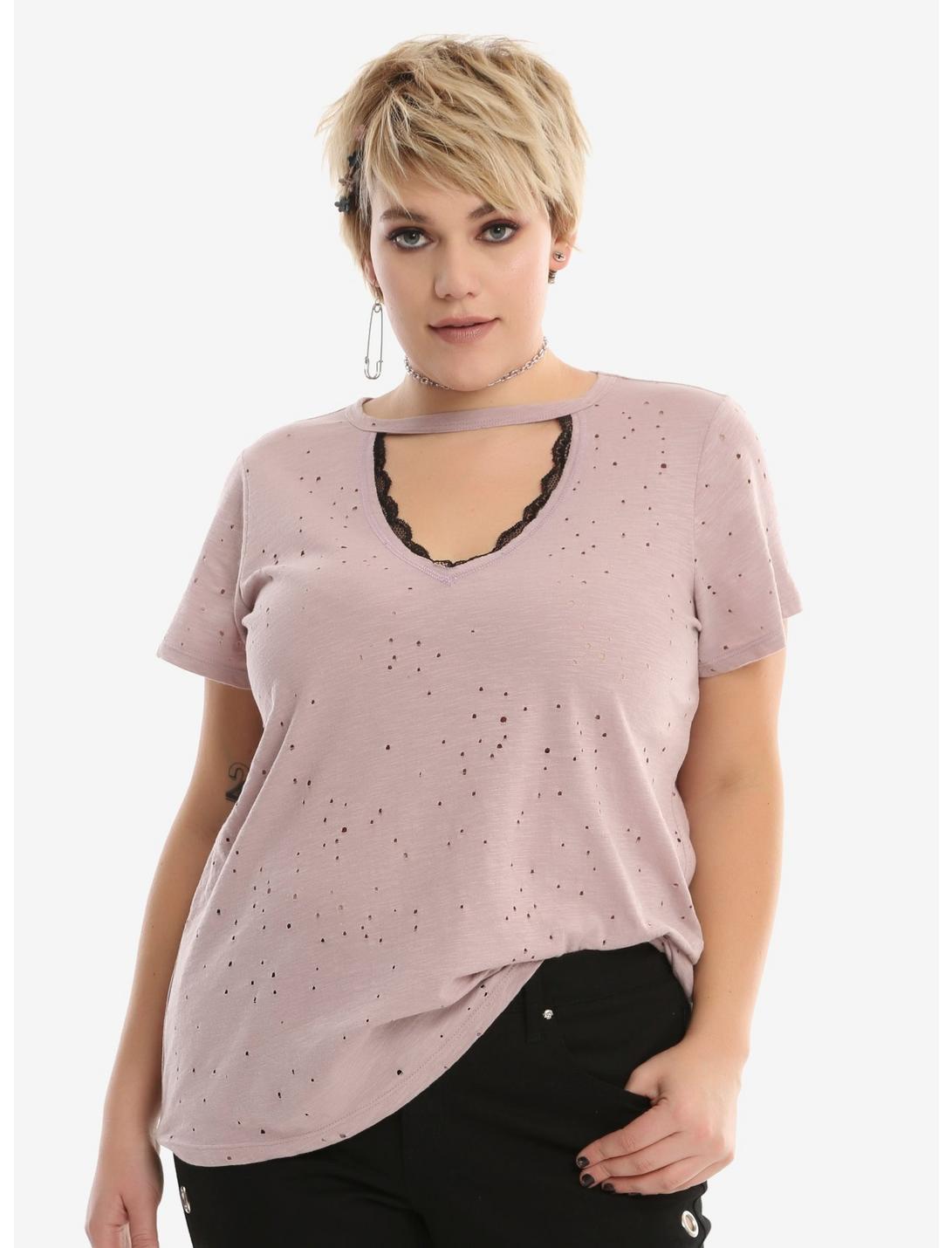 Blush Lace V-Neck Destructed Girls T-Shirt Plus Size, BLUSH, hi-res