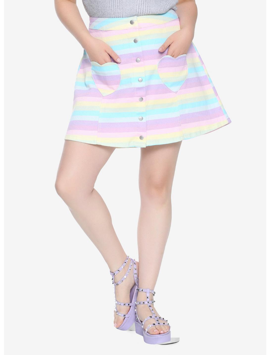 Blackheart Pastel Striped Snap-Front Denim Skirt Plus Size, MULTI, hi-res