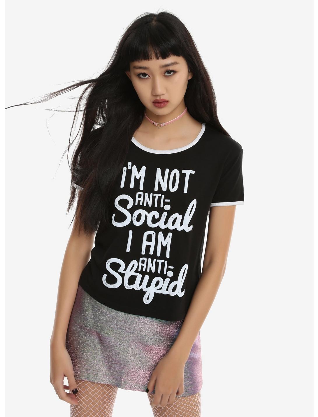 Anti-Stupid Girls Ringer T-Shirt, BLACK, hi-res