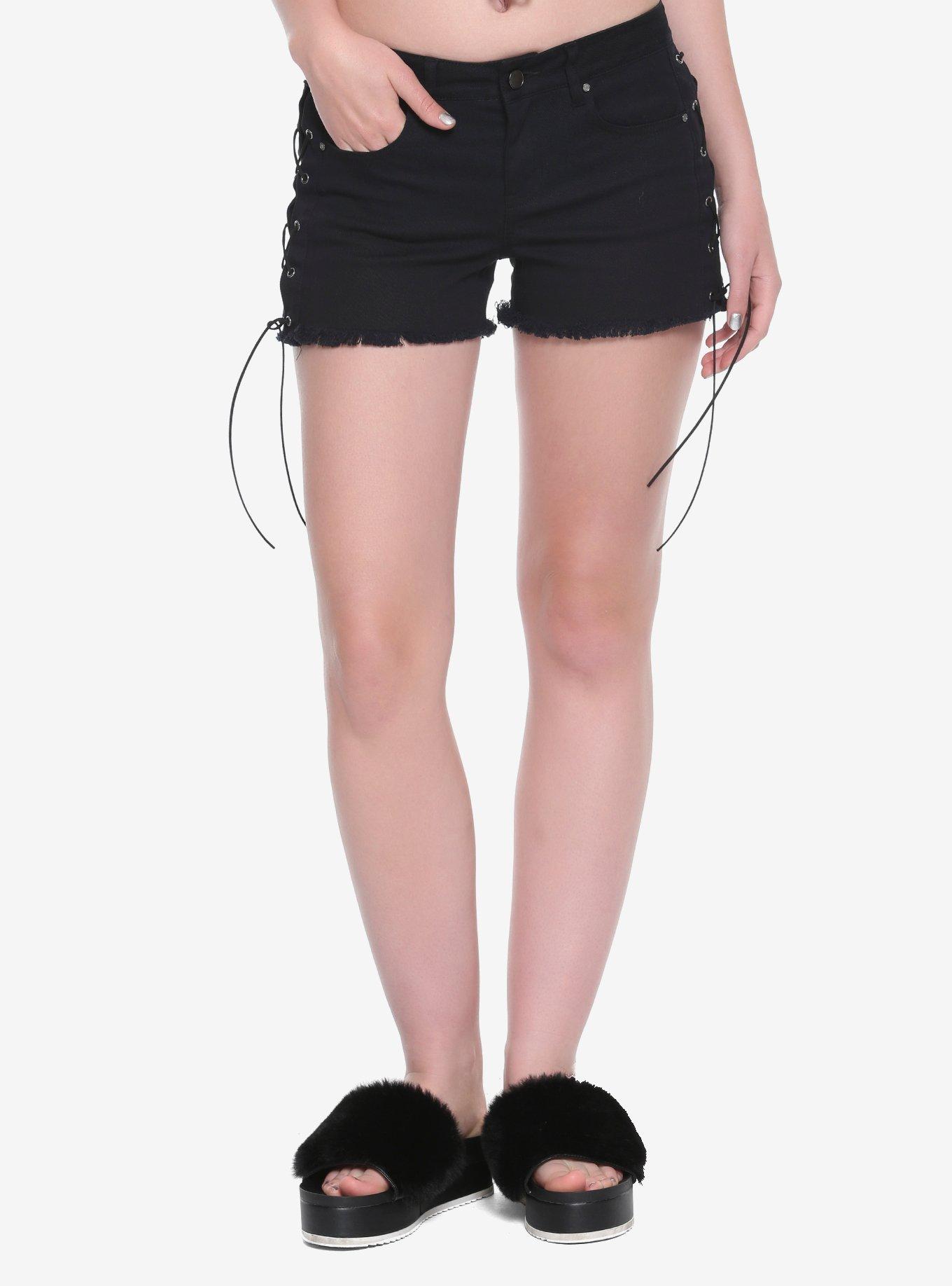 Black Lace-Up Side Denim Shorts, BLACK, hi-res