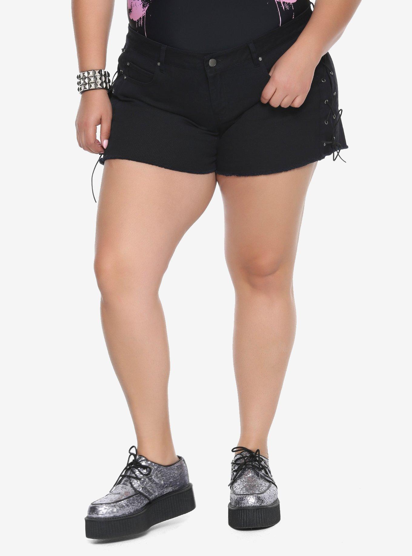 Black LaceUp Side Denim Shorts Plus Size Hot Topic