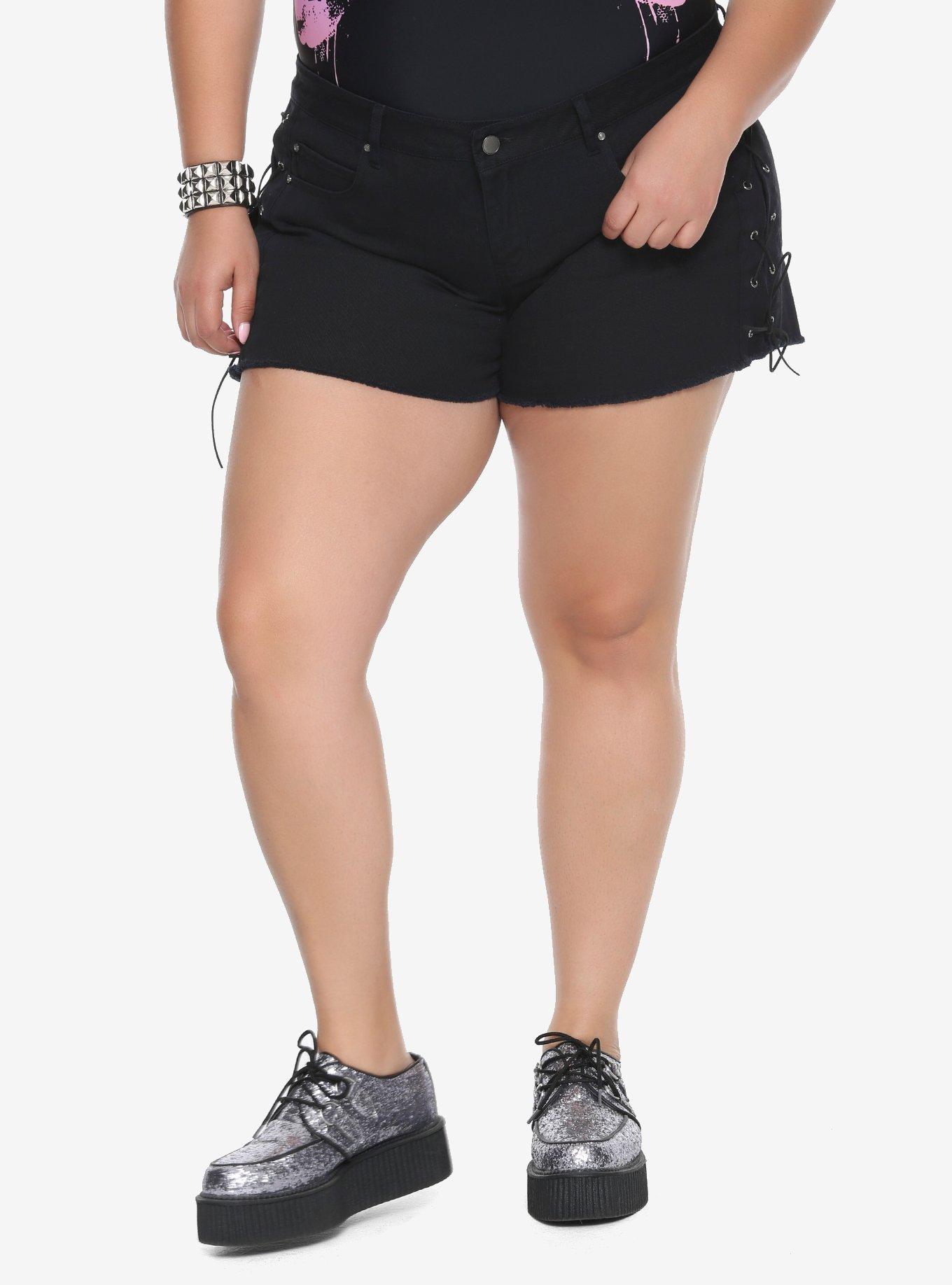 Black Lace-Up Side Denim Shorts Plus Size, BLACK, hi-res