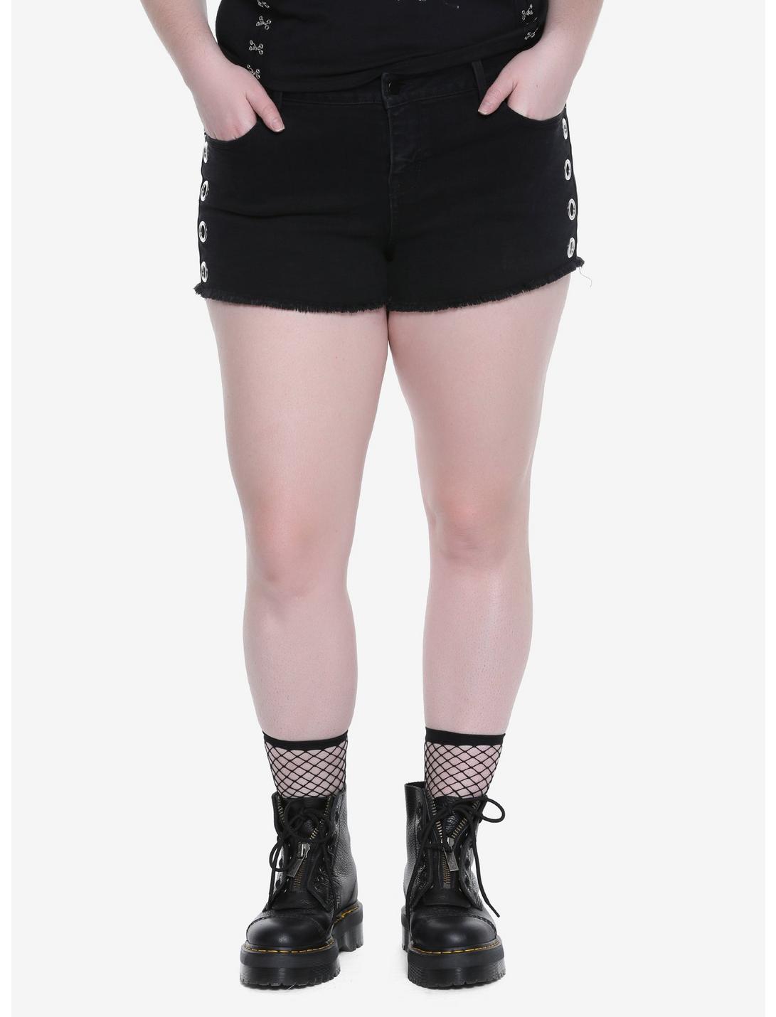Blackheart Grommet Raw Hem Shorts Plus Size, BLACK, hi-res