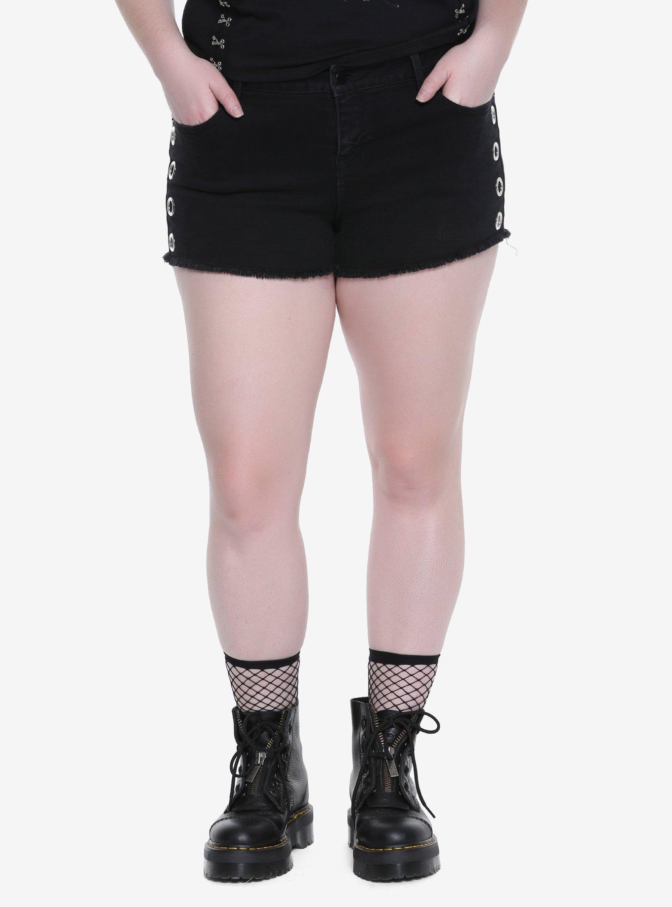 Blackheart Grommet Raw Hem Shorts Plus Size, BLACK, hi-res