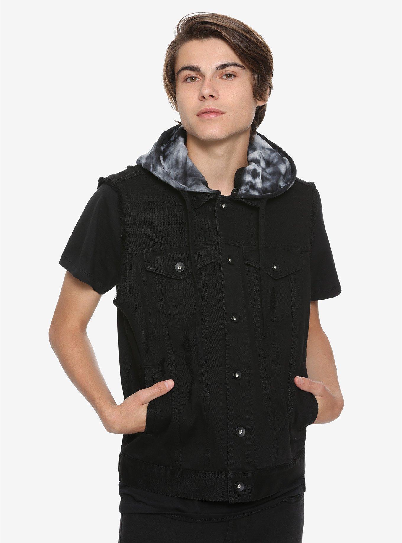 XXX RUDE Tie-Dye Hood Black Denim Vest, BLACK, hi-res