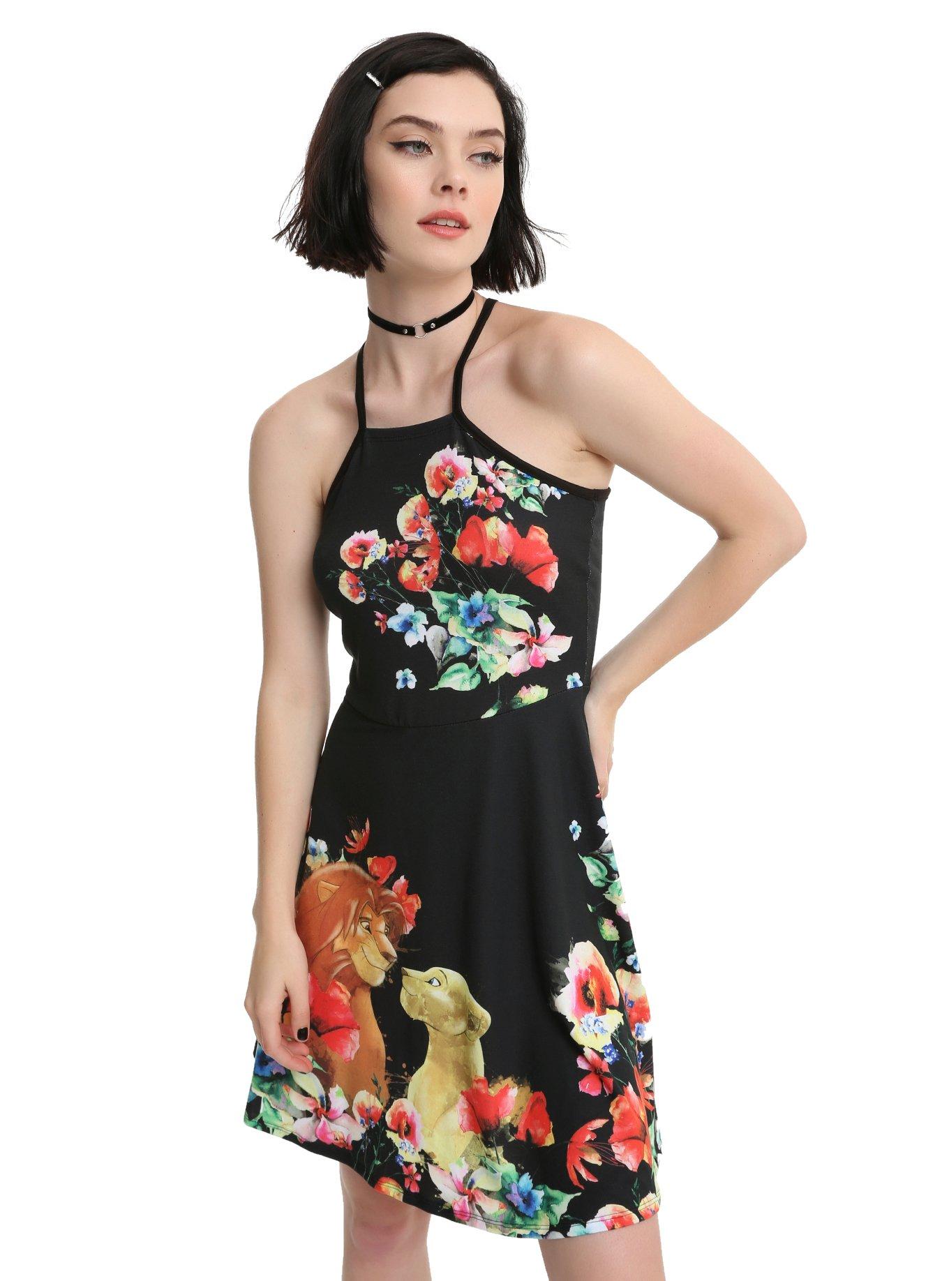 Disney The Lion King Simba & Nala Floral Watercolor Dress, BLACK, hi-res