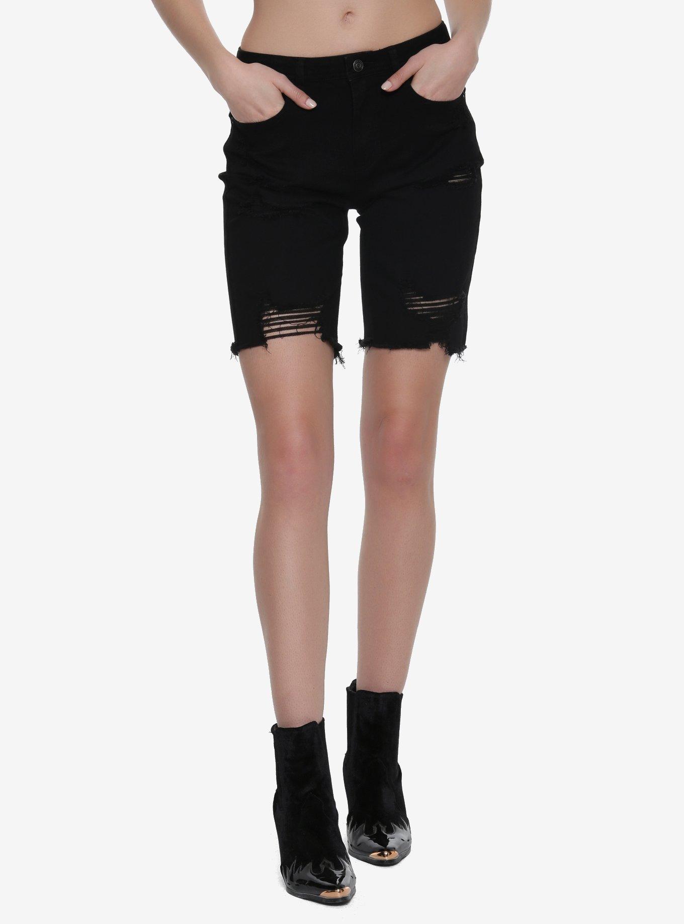 Black Destructed Bermuda Denim Short, BLACK, hi-res