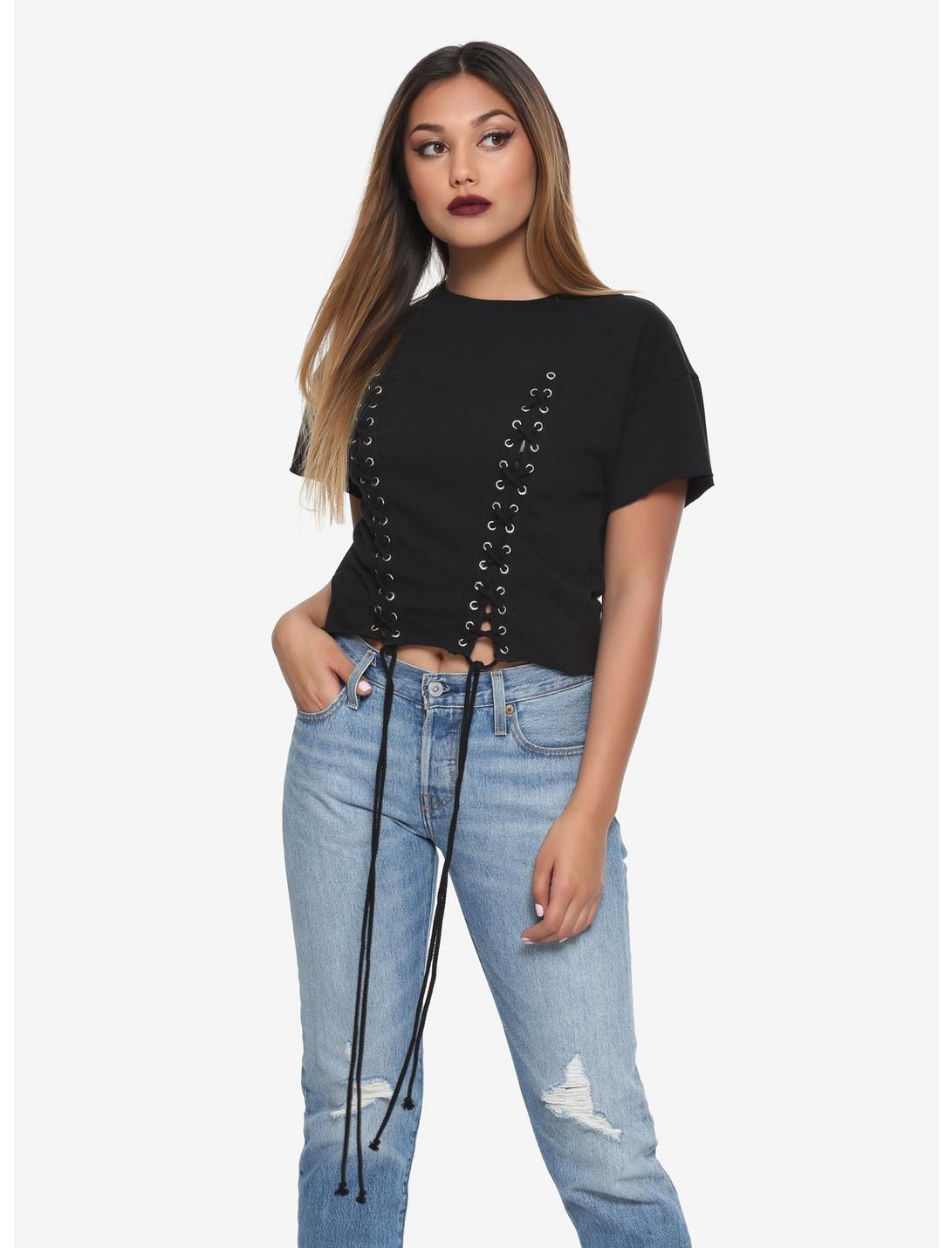 Black Double Lace-Up Front Girls Crop T-Shirt, BLACK, hi-res