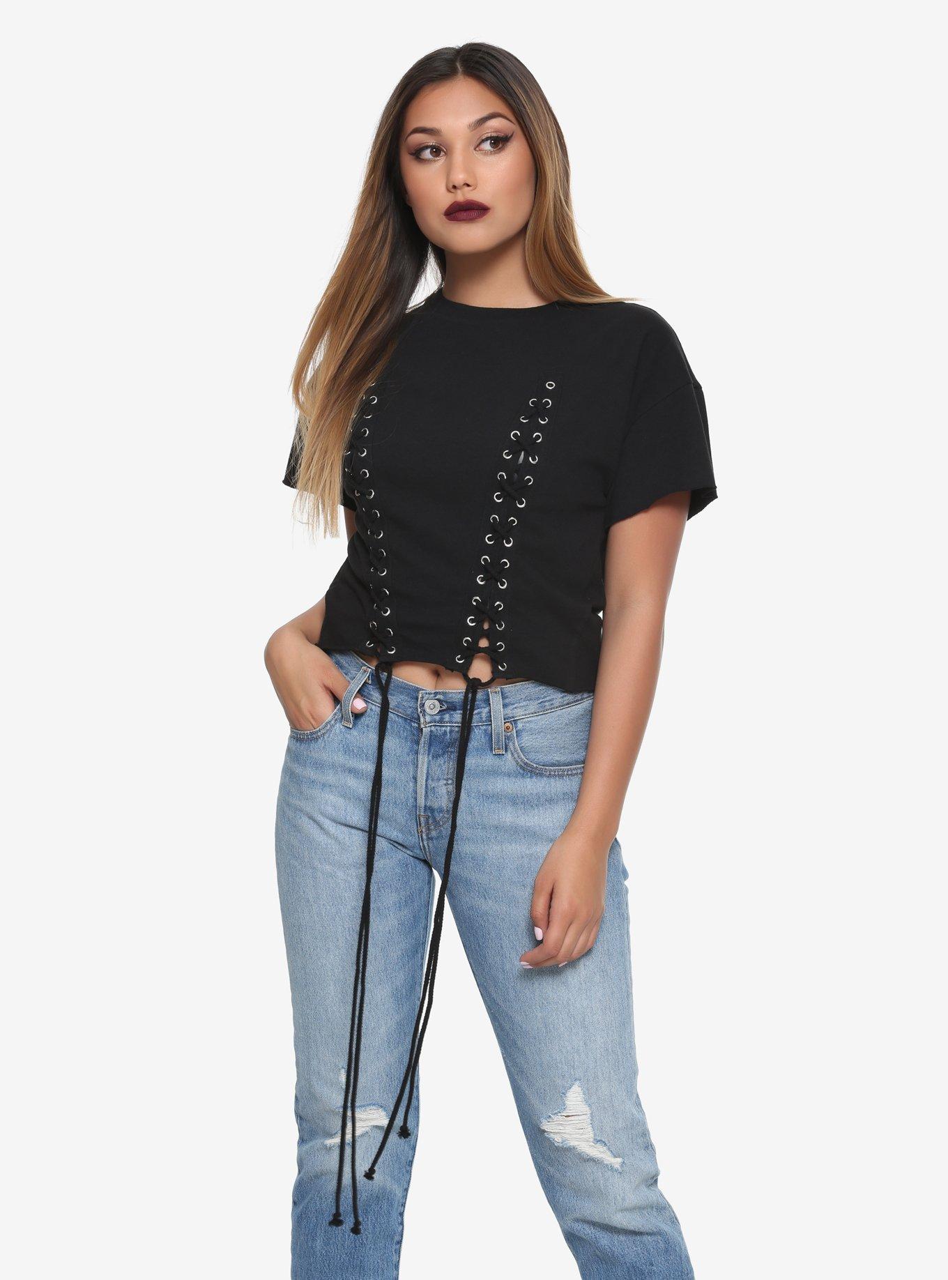 Black Double Lace-Up Front Girls Crop T-Shirt, BLACK, hi-res