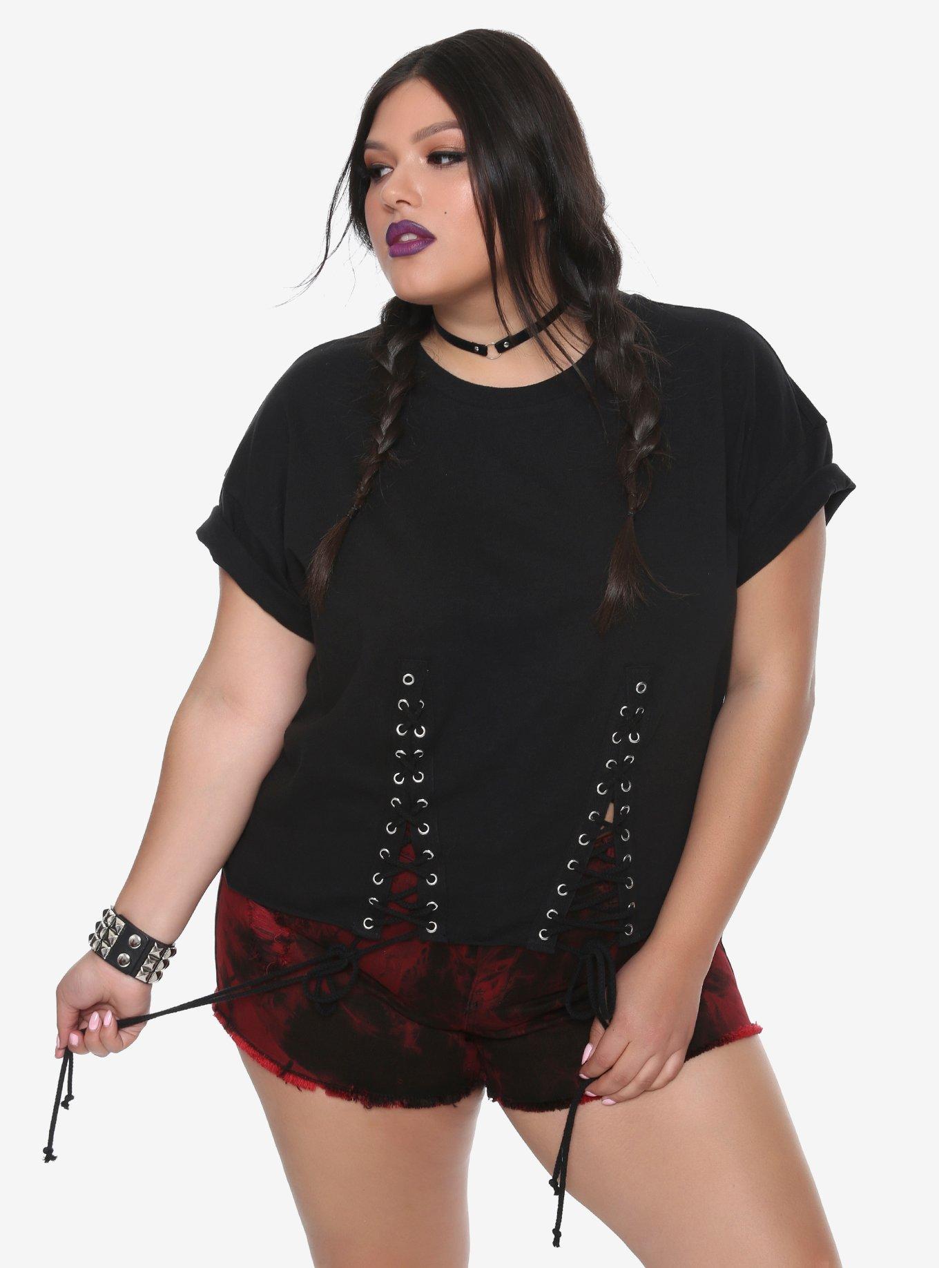 Black Double Lace-Up Front Girls Crop T-Shirt Plus Size, BLACK, hi-res
