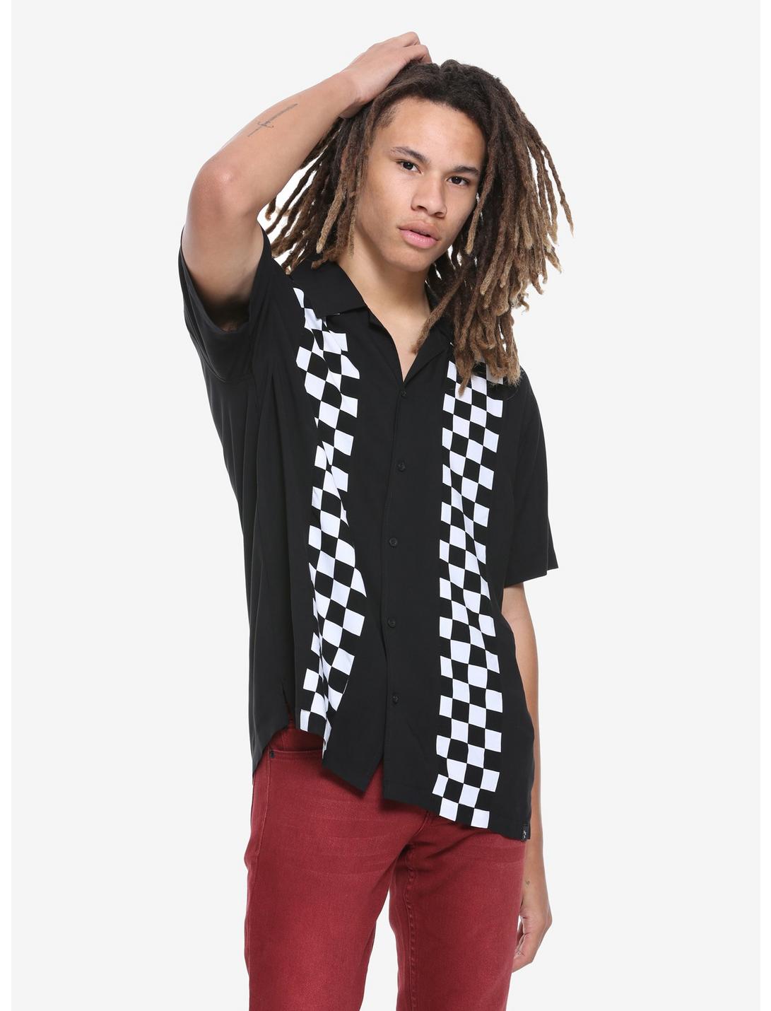 Black & White Checkered Stripe Short-Sleeved Woven Button-Up, BLACK, hi-res