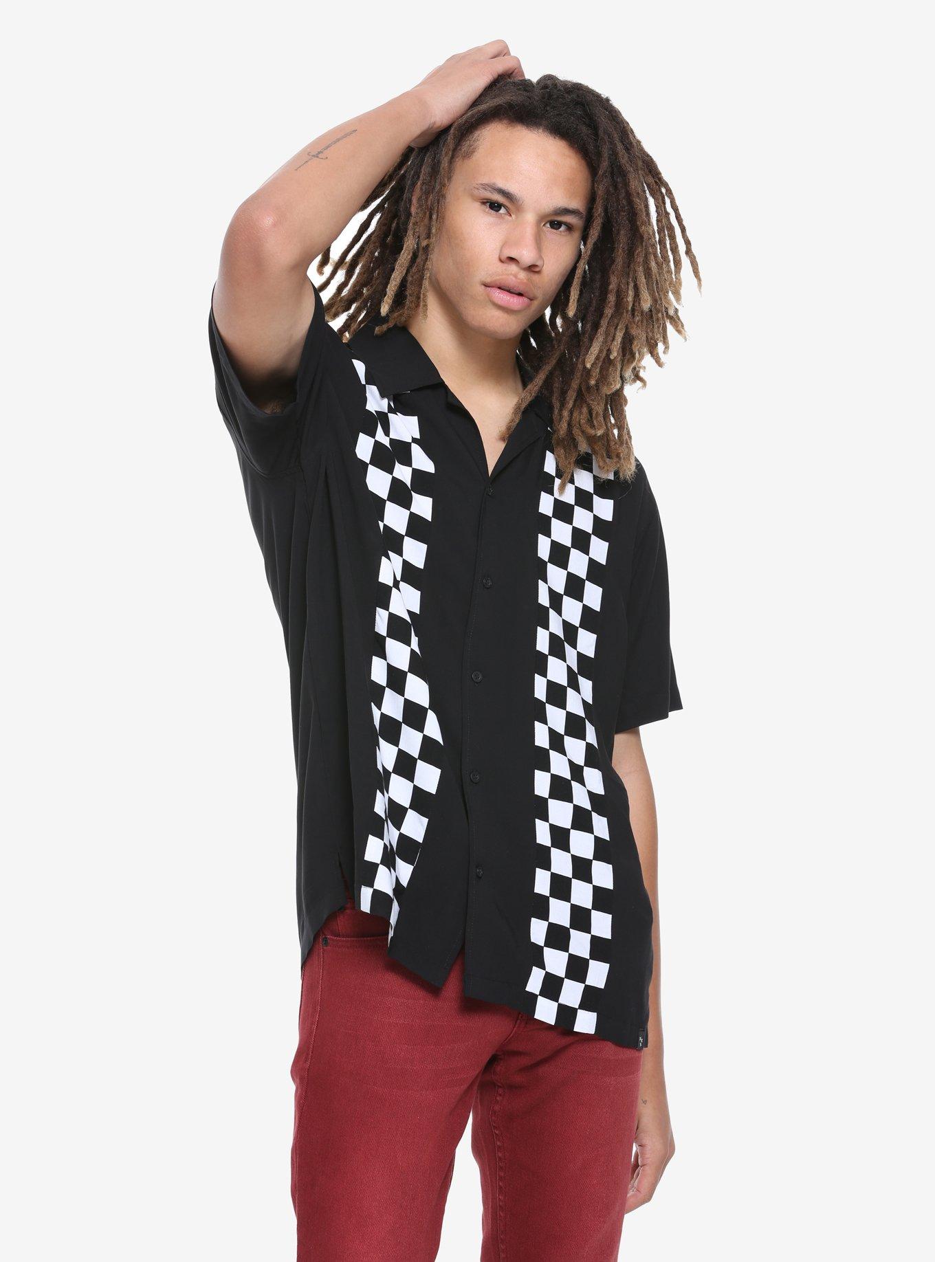 Black & White Checkered Stripe Short-Sleeved Woven Button-Up, BLACK, hi-res