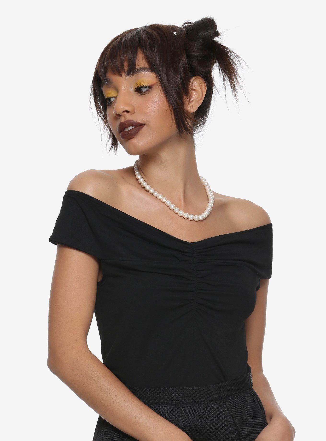 Black Cinch Front Girls Off-The-Shoulder Top, DEEP BLACK, hi-res