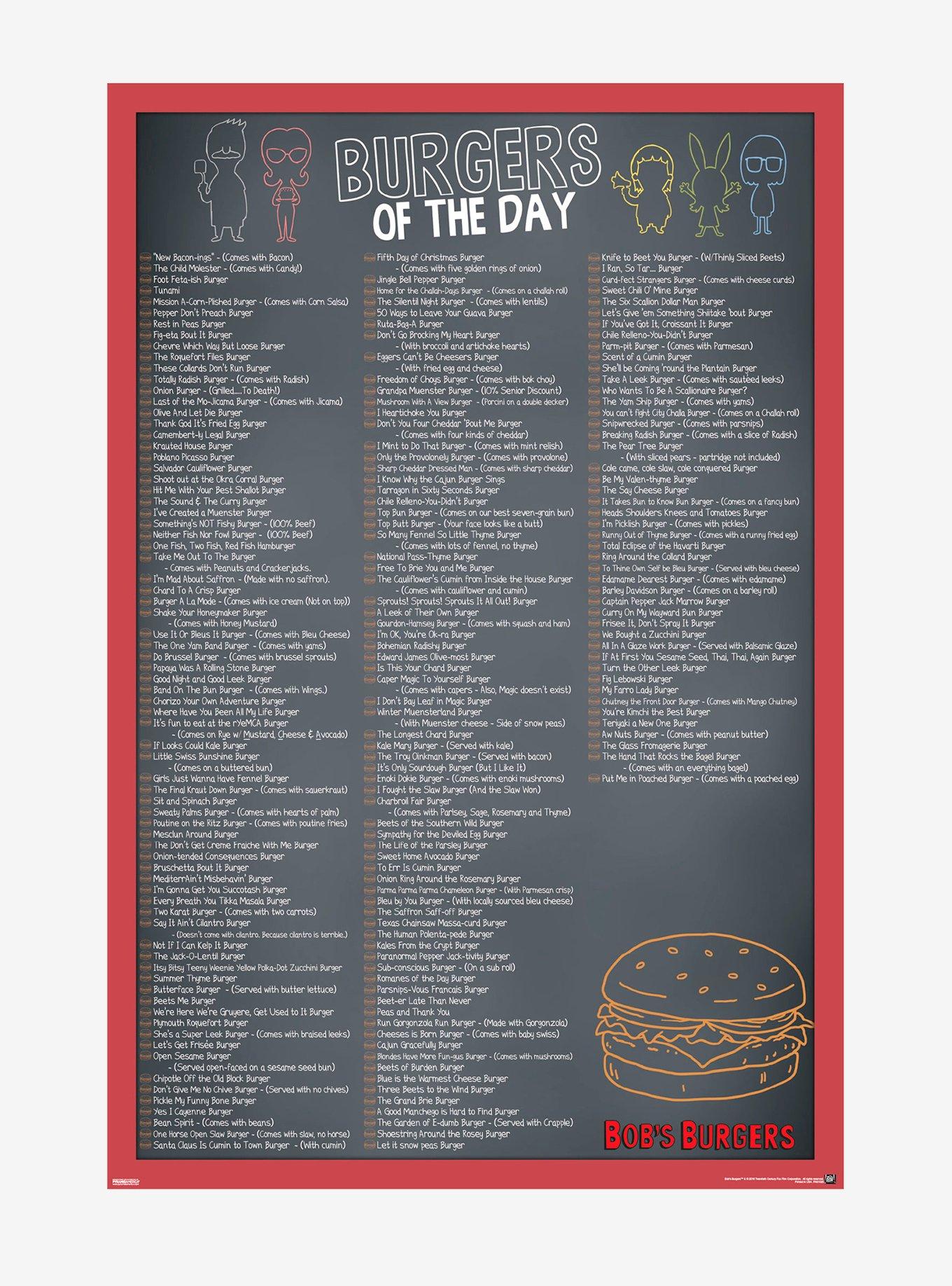 Bob's Burgers Burgers Of The Day Poster Hot Topic