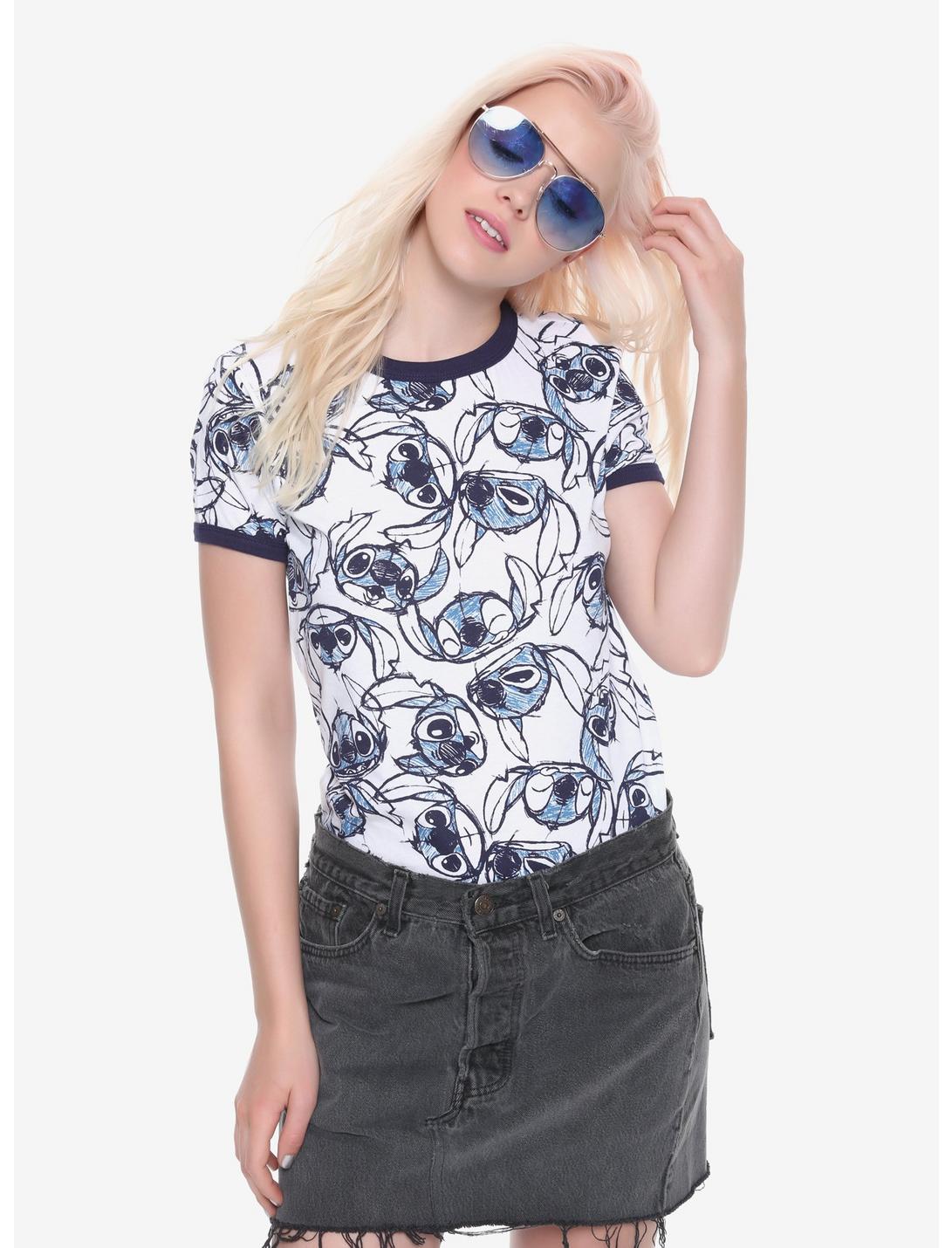 Disney Lilo & Stitch Allover Sketch Girls Ringer T-Shirt, BLUE, hi-res