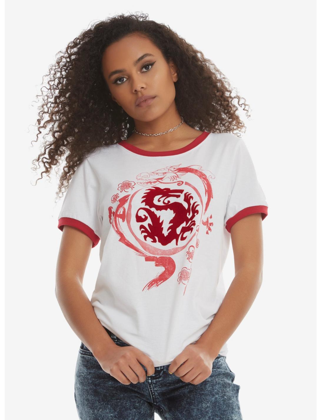 Disney Mulan Mushu Flocked Dragon Girls Ringer T-Shirt, RED, hi-res