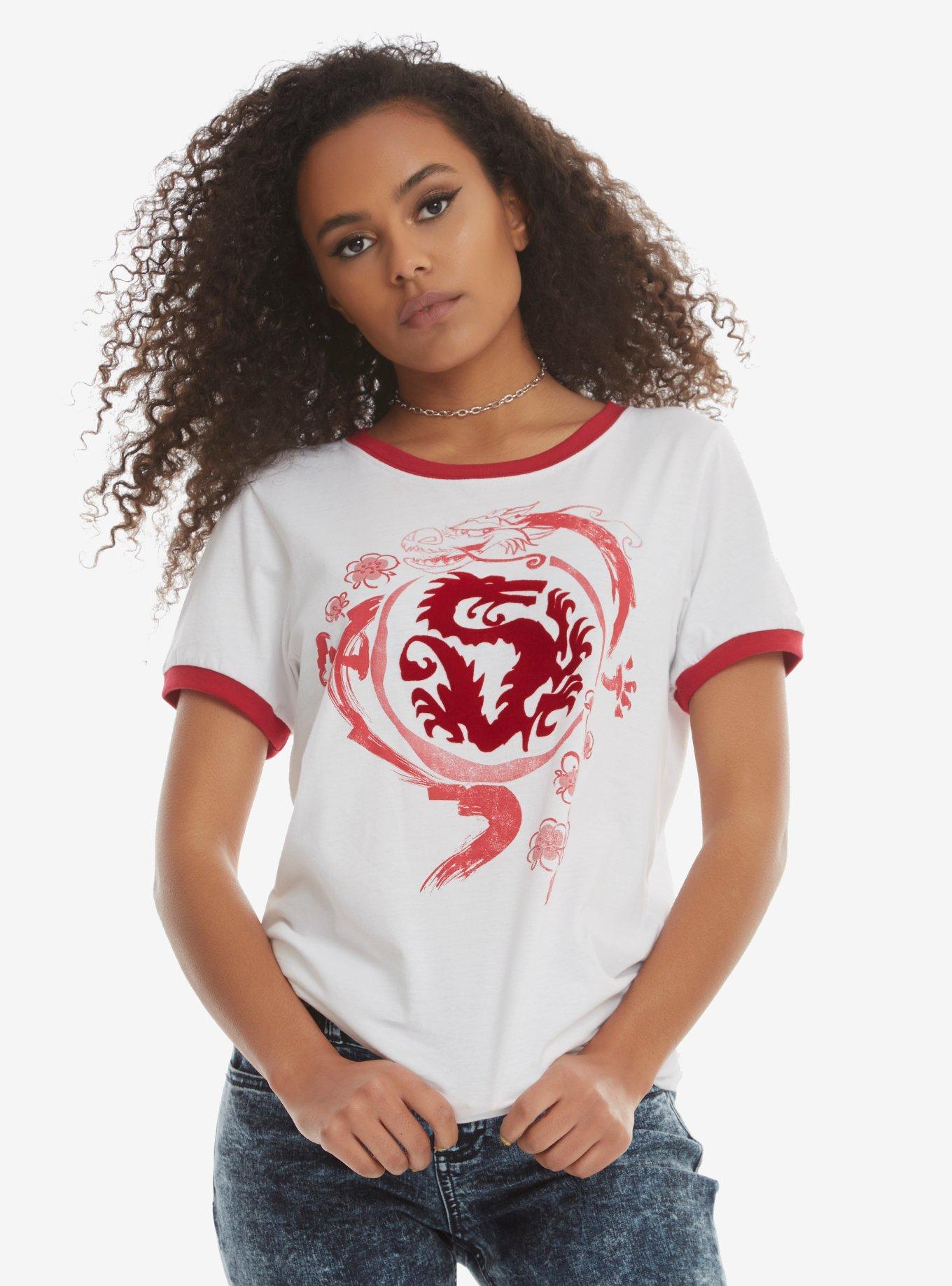 Disney Mulan Mushu Flocked Dragon Girls Ringer T-Shirt, RED, hi-res