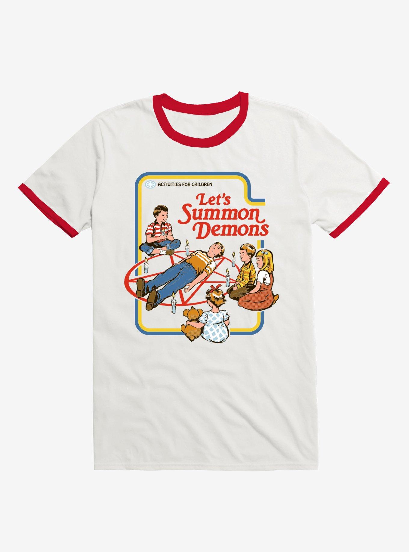 Let's Summon Demons Ringer T-Shirt By Steven Rhodes, RED, hi-res