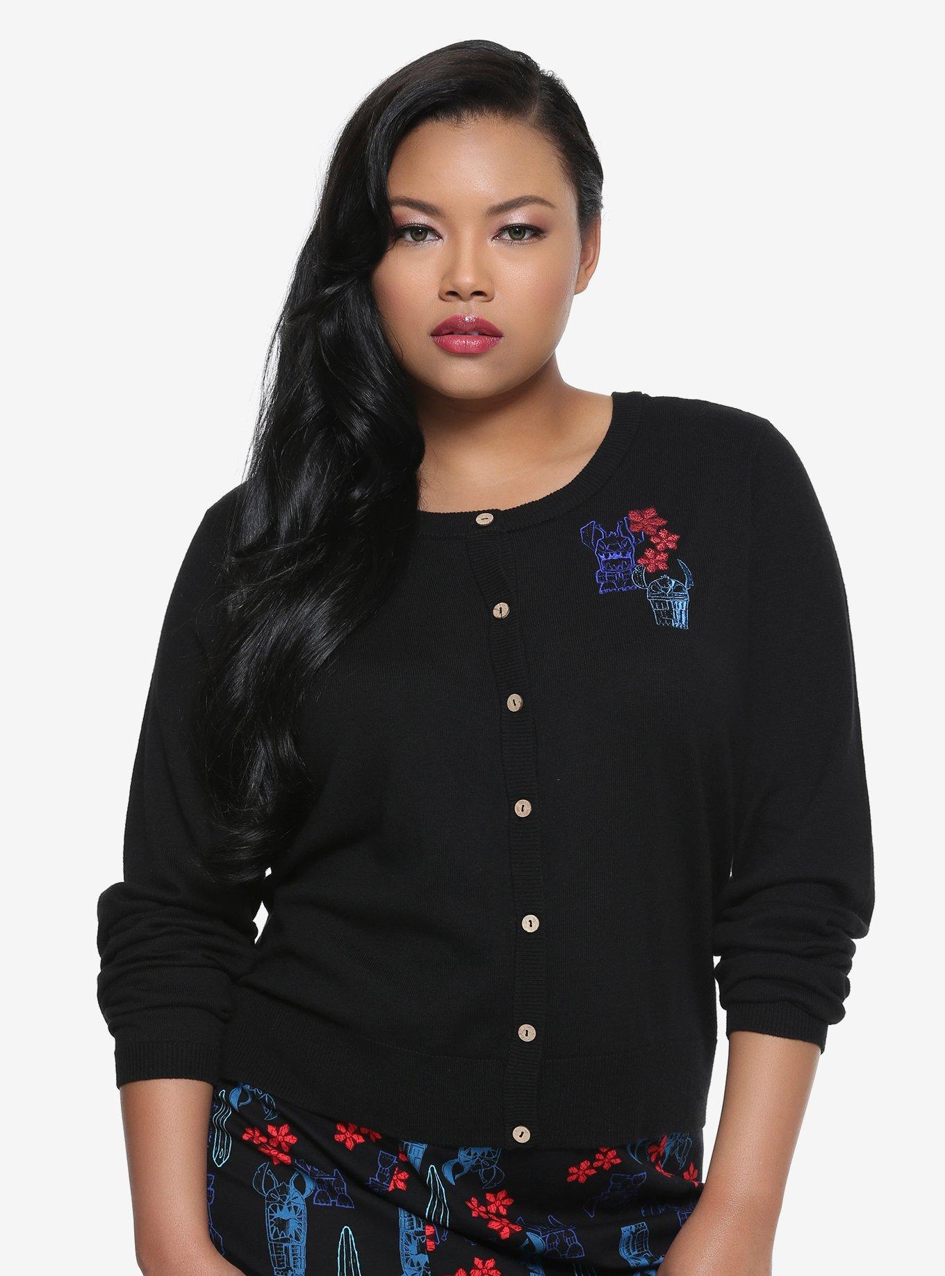 Disney Lilo & Stitch Tiki Flowers Crop Cardigan Plus Size, BLACK, hi-res
