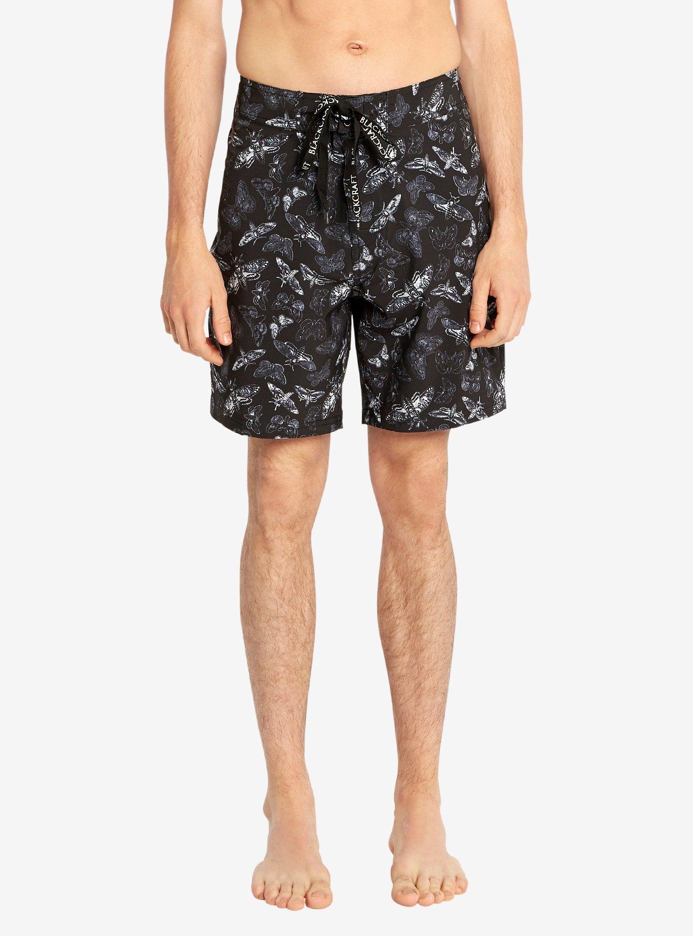 BlackCraft Moth Print Swim Trunks, BLACK, hi-res